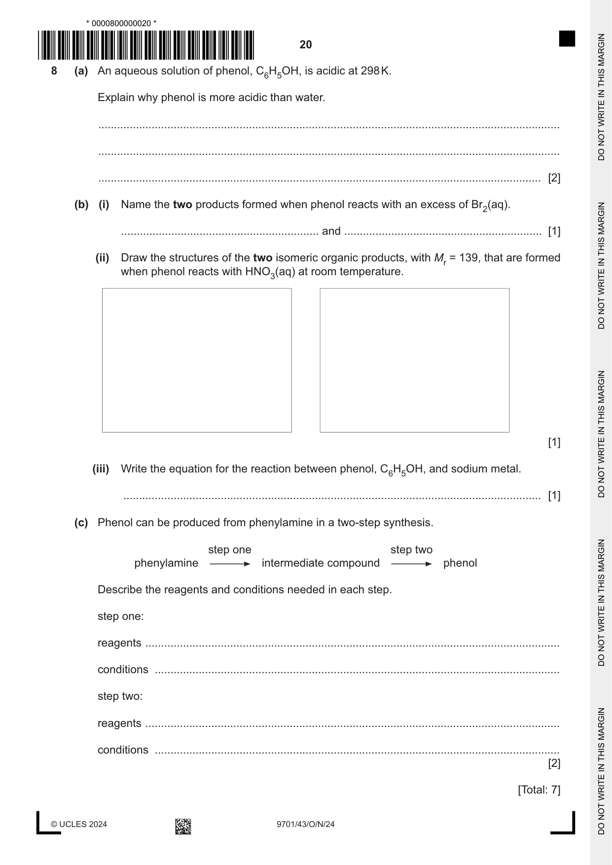Cambridge A Level Chemistry 9701 2024 Oct/Nov Paper 4 · Variant 3 question paper, page 20 of 24