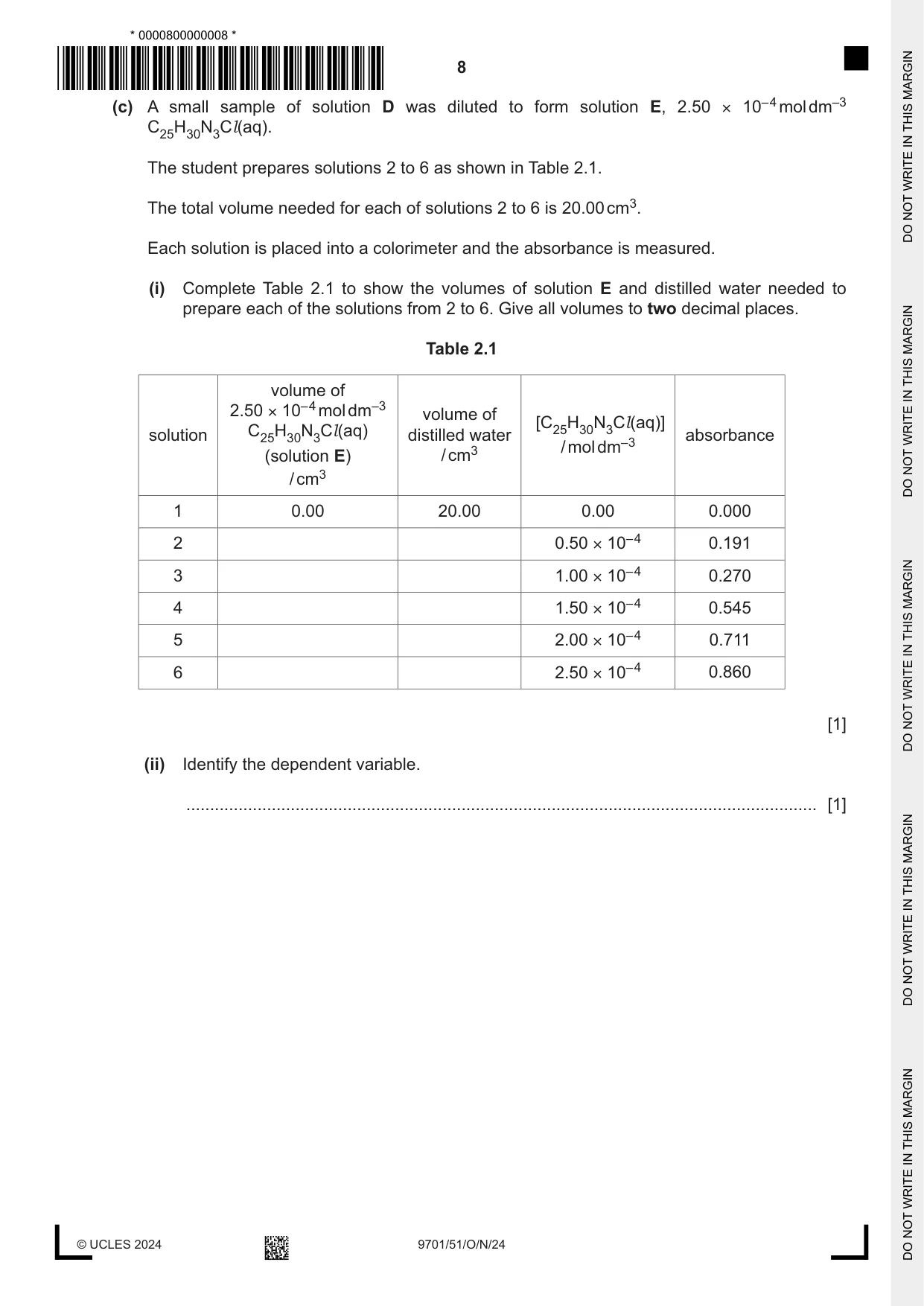 Cambridge A Level Chemistry 9701 2024 Oct/Nov Paper 5 · Variant 1 question paper, page 8 of 16