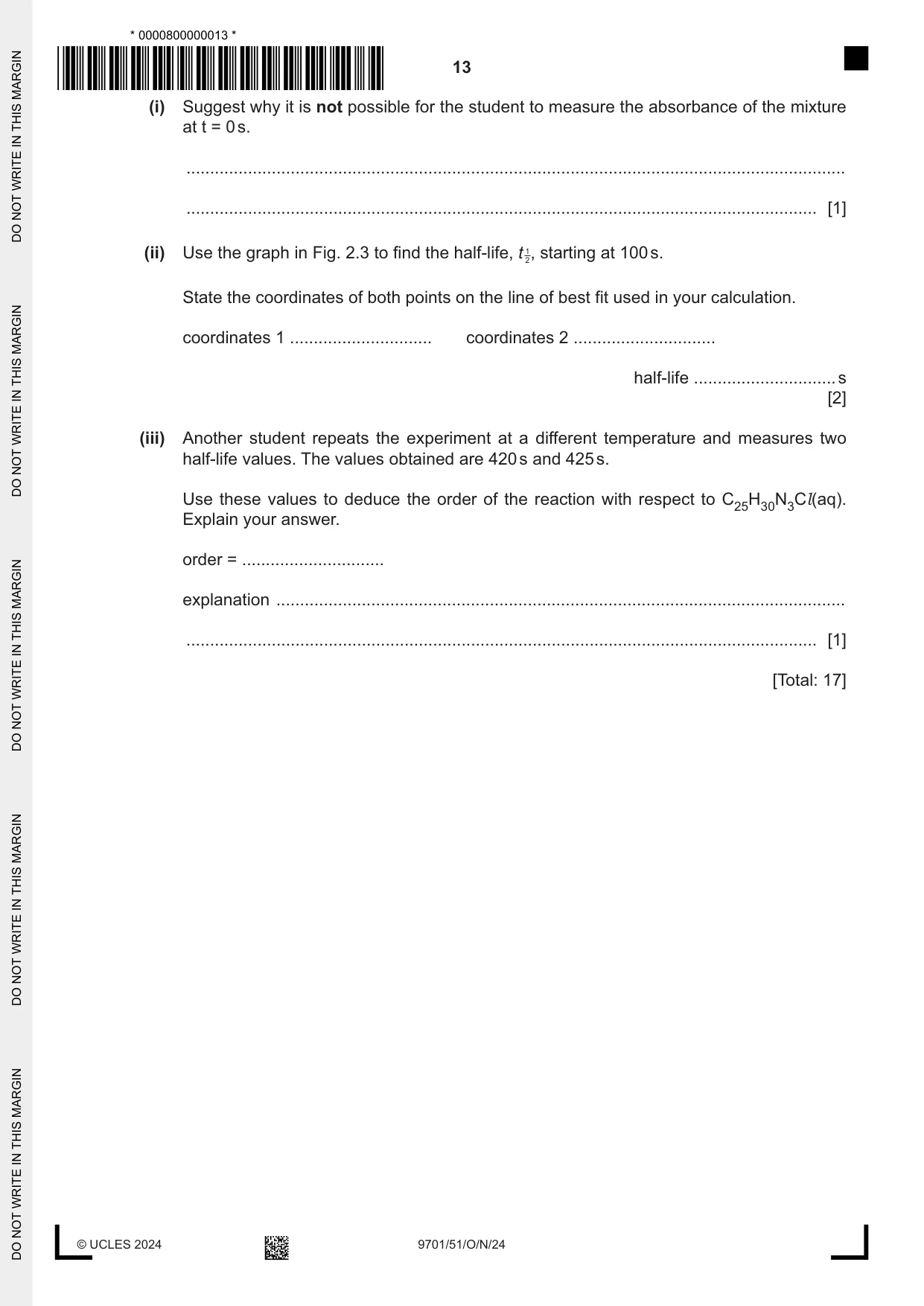 Cambridge A Level Chemistry 9701 2024 Oct/Nov Paper 5 · Variant 1 question paper, page 13 of 16