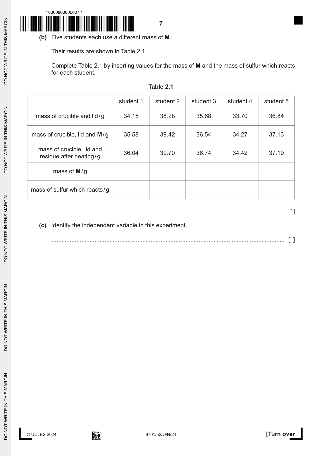 Cambridge A Level Chemistry 9701 2024 Oct/Nov Paper 5 · Variant 2 question paper, page 7 of 12