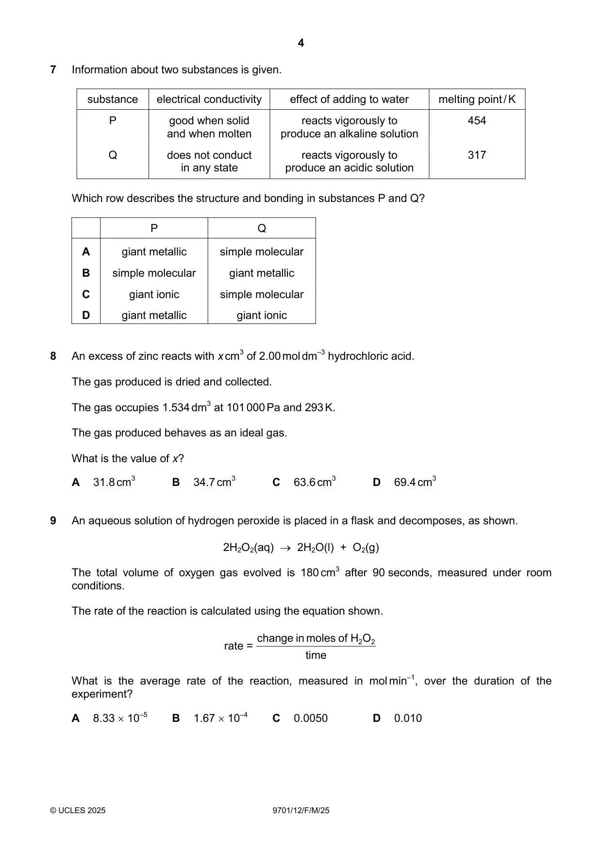 Cambridge A Level Chemistry 9701 2025 Feb/March Paper 1 · Variant 2 question paper, page 4 of 20