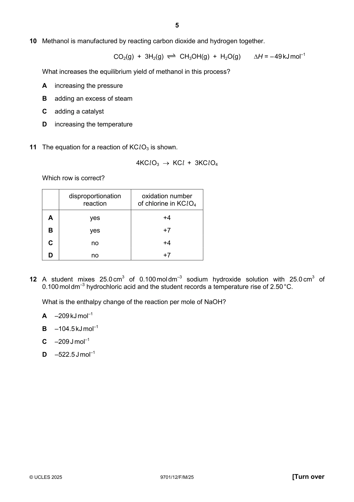 Cambridge A Level Chemistry 9701 2025 Feb/March Paper 1 · Variant 2 question paper, page 5 of 20
