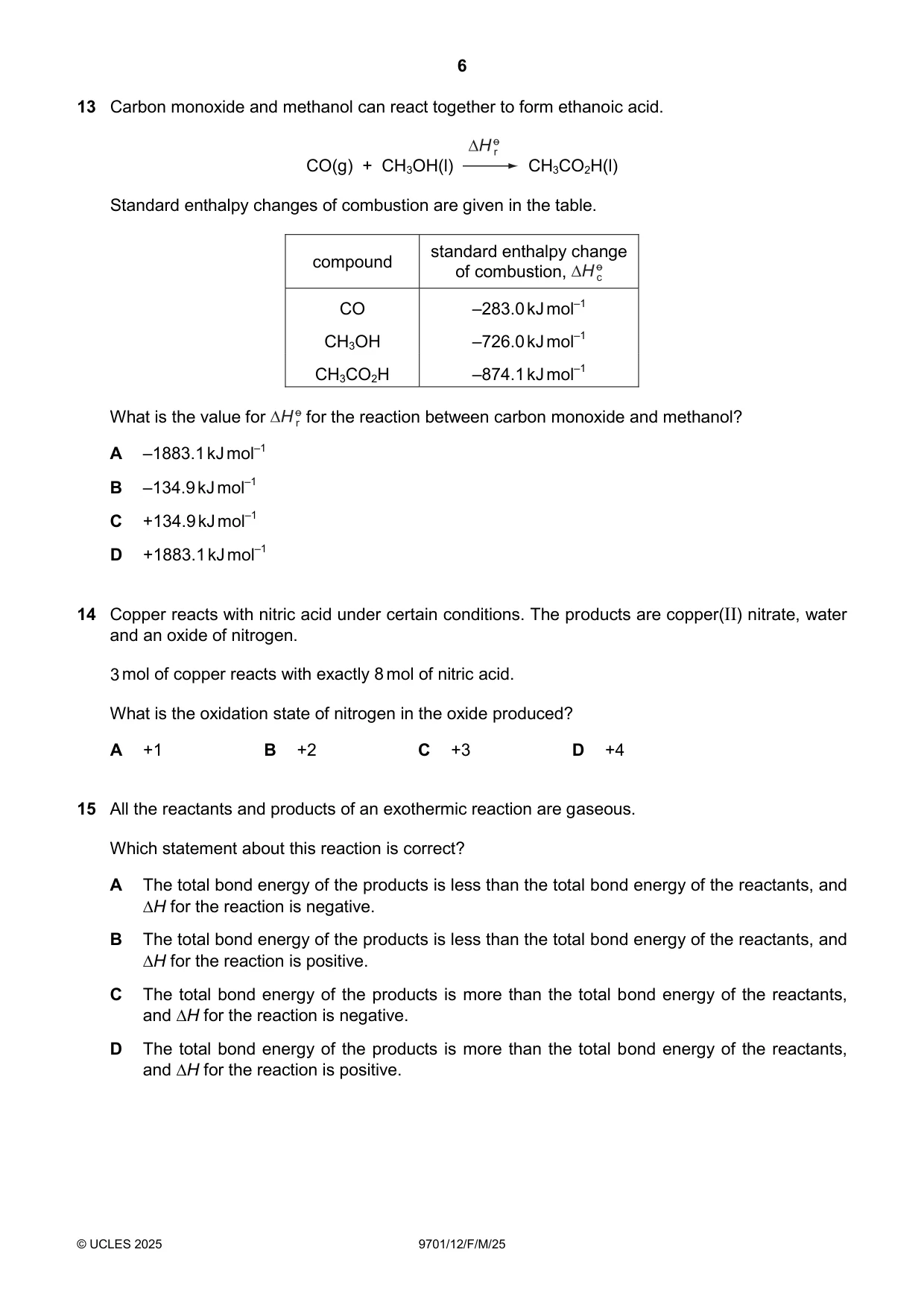 Cambridge A Level Chemistry 9701 2025 Feb/March Paper 1 · Variant 2 question paper, page 6 of 20