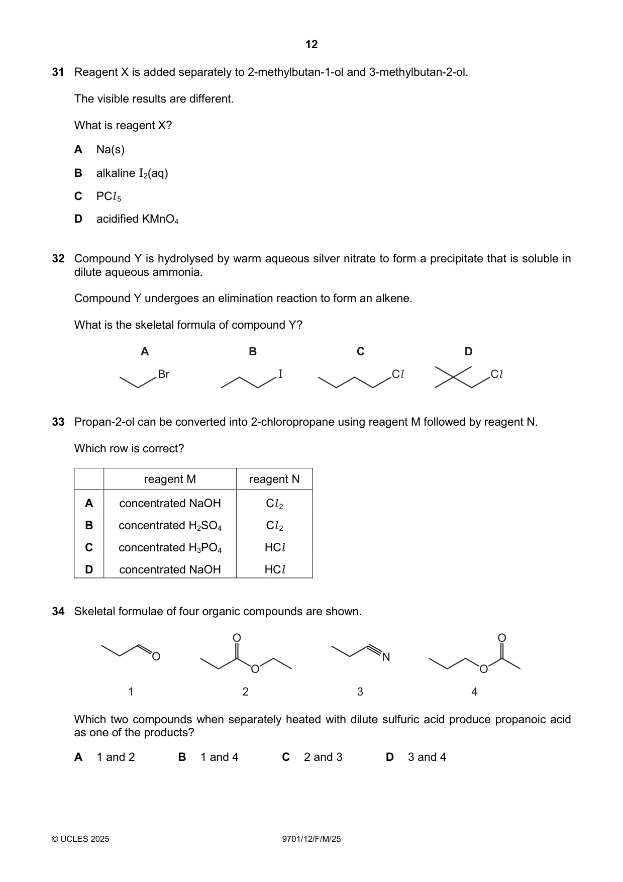 Cambridge A Level Chemistry 9701 2025 Feb/March Paper 1 · Variant 2 question paper, page 12 of 20