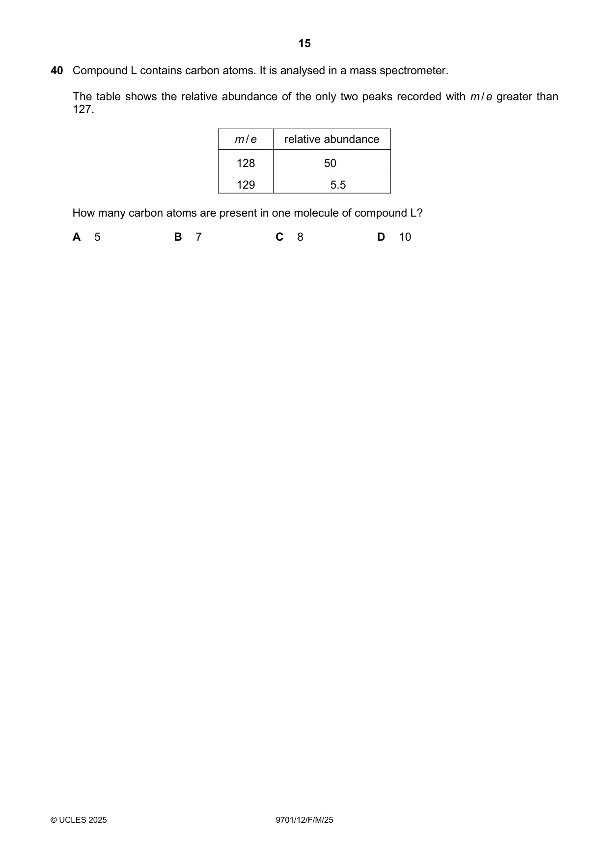 Cambridge A Level Chemistry 9701 2025 Feb/March Paper 1 · Variant 2 question paper, page 15 of 20