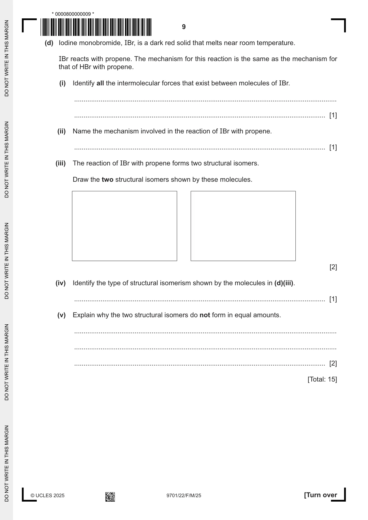 Cambridge A Level Chemistry 9701 2025 Feb/March Paper 2 · Variant 2 question paper, page 9 of 12