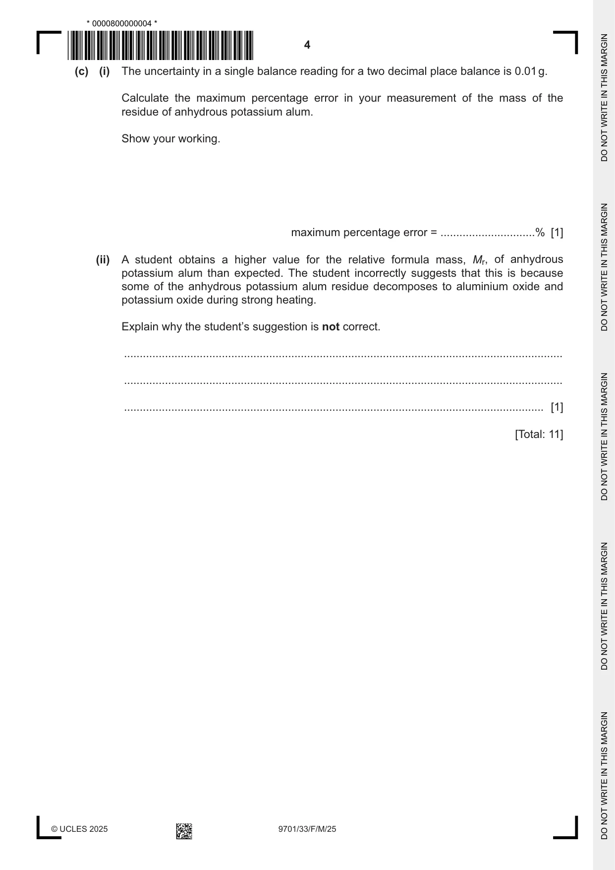 Cambridge A Level Chemistry 9701 2025 Feb/March Paper 3 · Variant 3 question paper, page 4 of 12