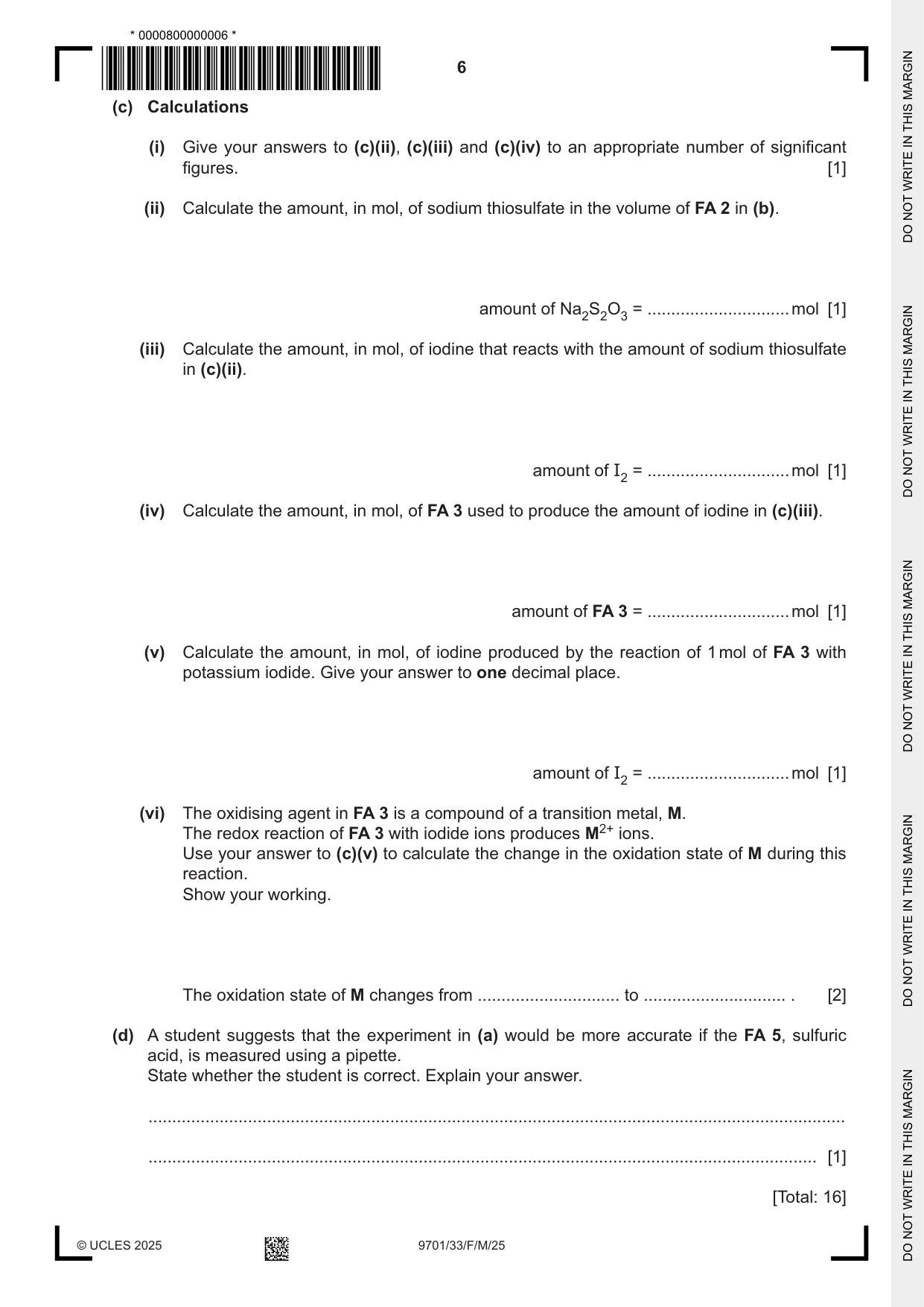 Cambridge A Level Chemistry 9701 2025 Feb/March Paper 3 · Variant 3 question paper, page 6 of 12