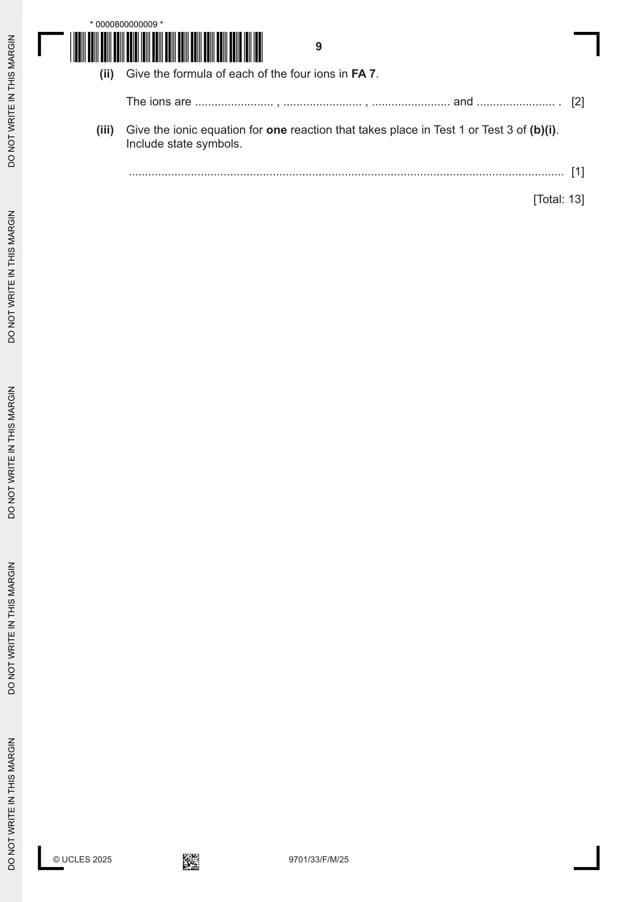 Cambridge A Level Chemistry 9701 2025 Feb/March Paper 3 · Variant 3 question paper, page 9 of 12