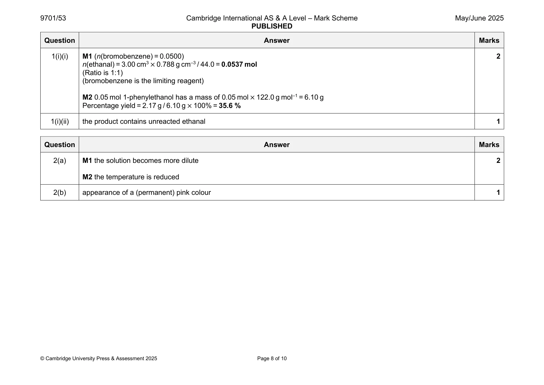 Mark scheme, page 8 of 10