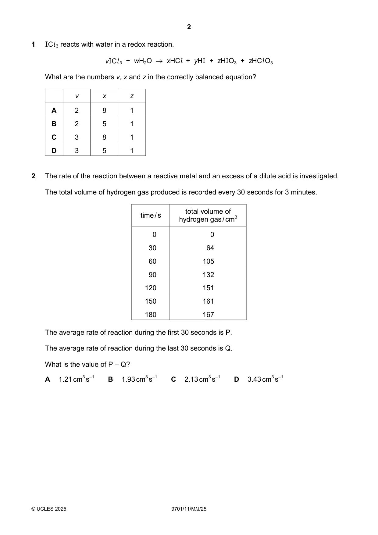 Cambridge A Level Chemistry 9701 2025 May/June Paper 1 · Variant 1 question paper, page 2 of 20