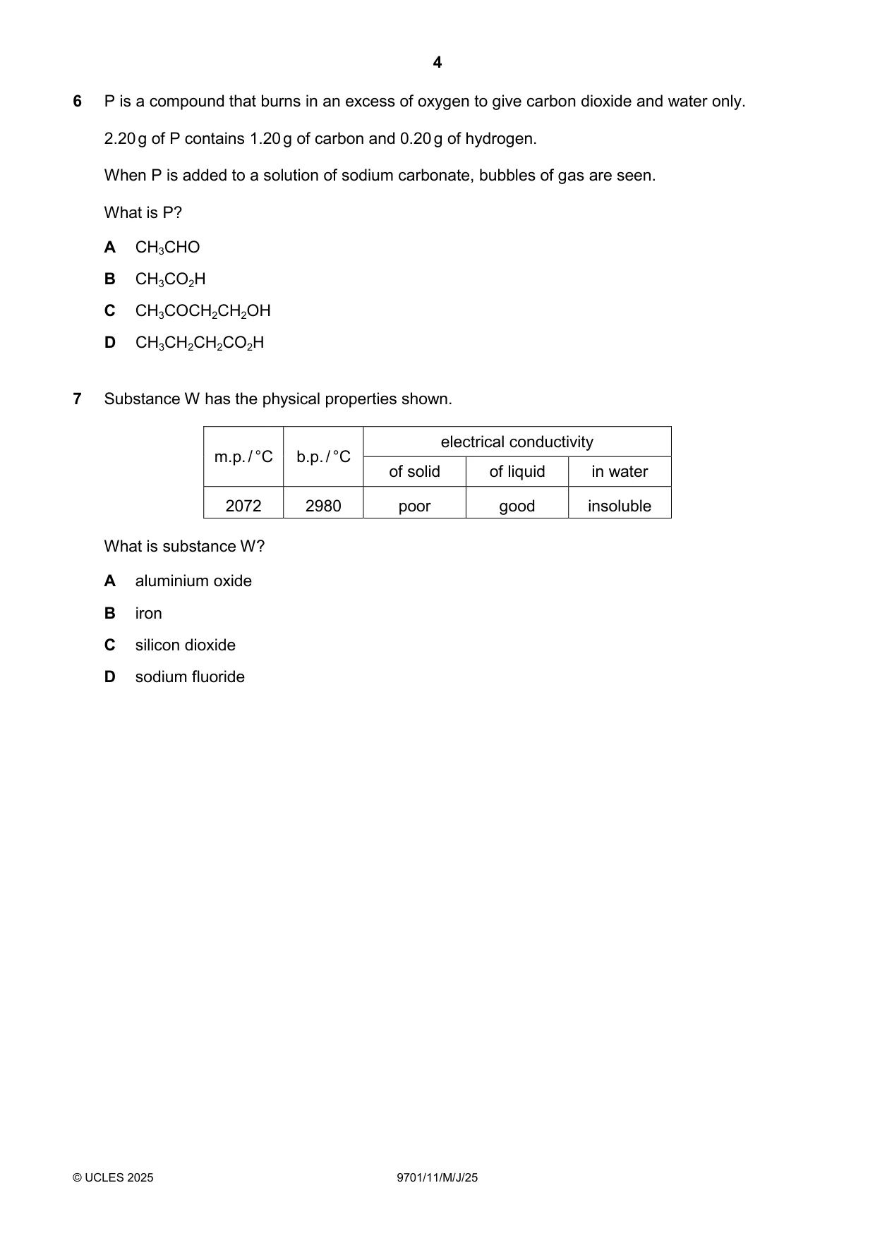 Cambridge A Level Chemistry 9701 2025 May/June Paper 1 · Variant 1 question paper, page 4 of 20