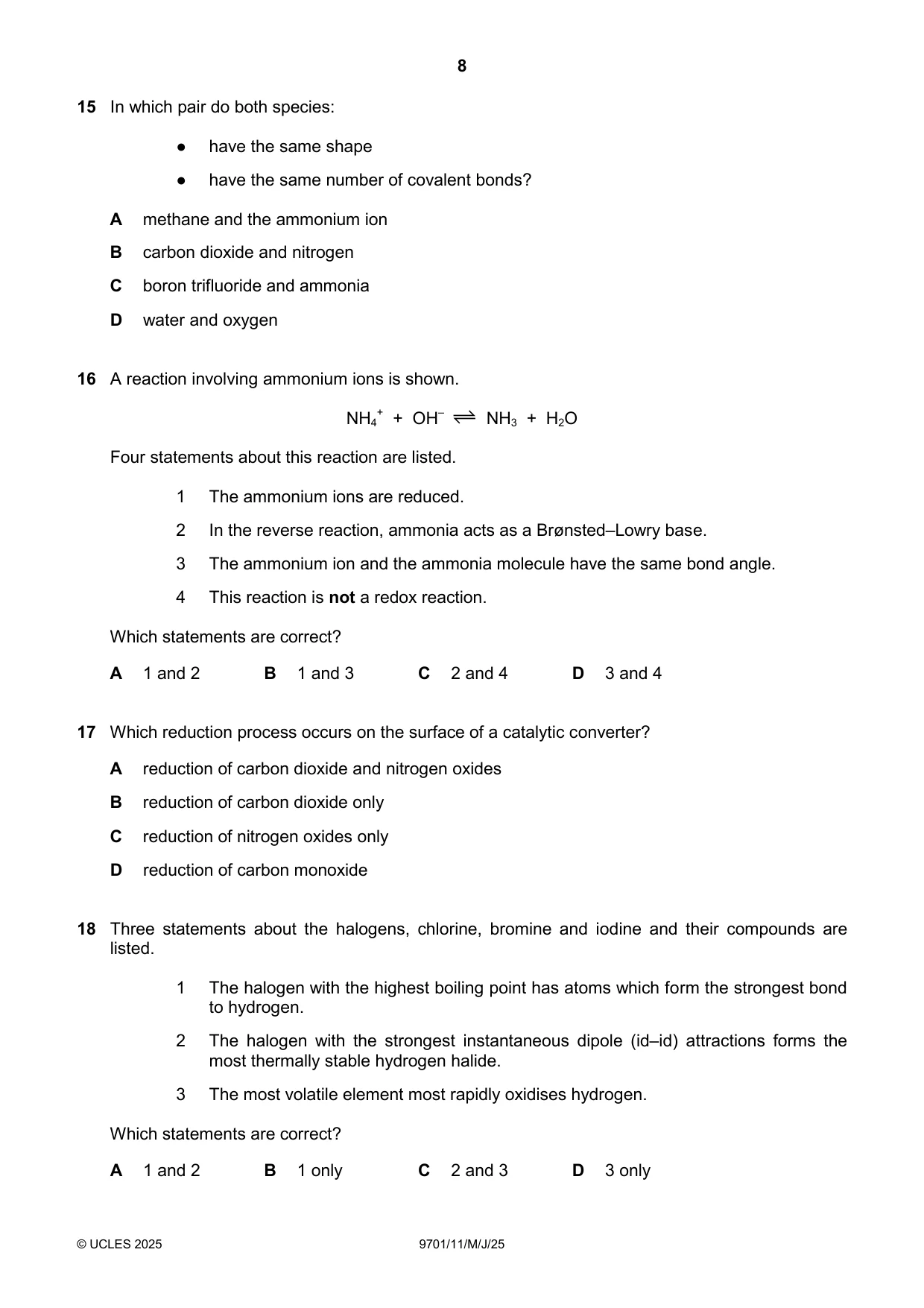 Cambridge A Level Chemistry 9701 2025 May/June Paper 1 · Variant 1 question paper, page 8 of 20