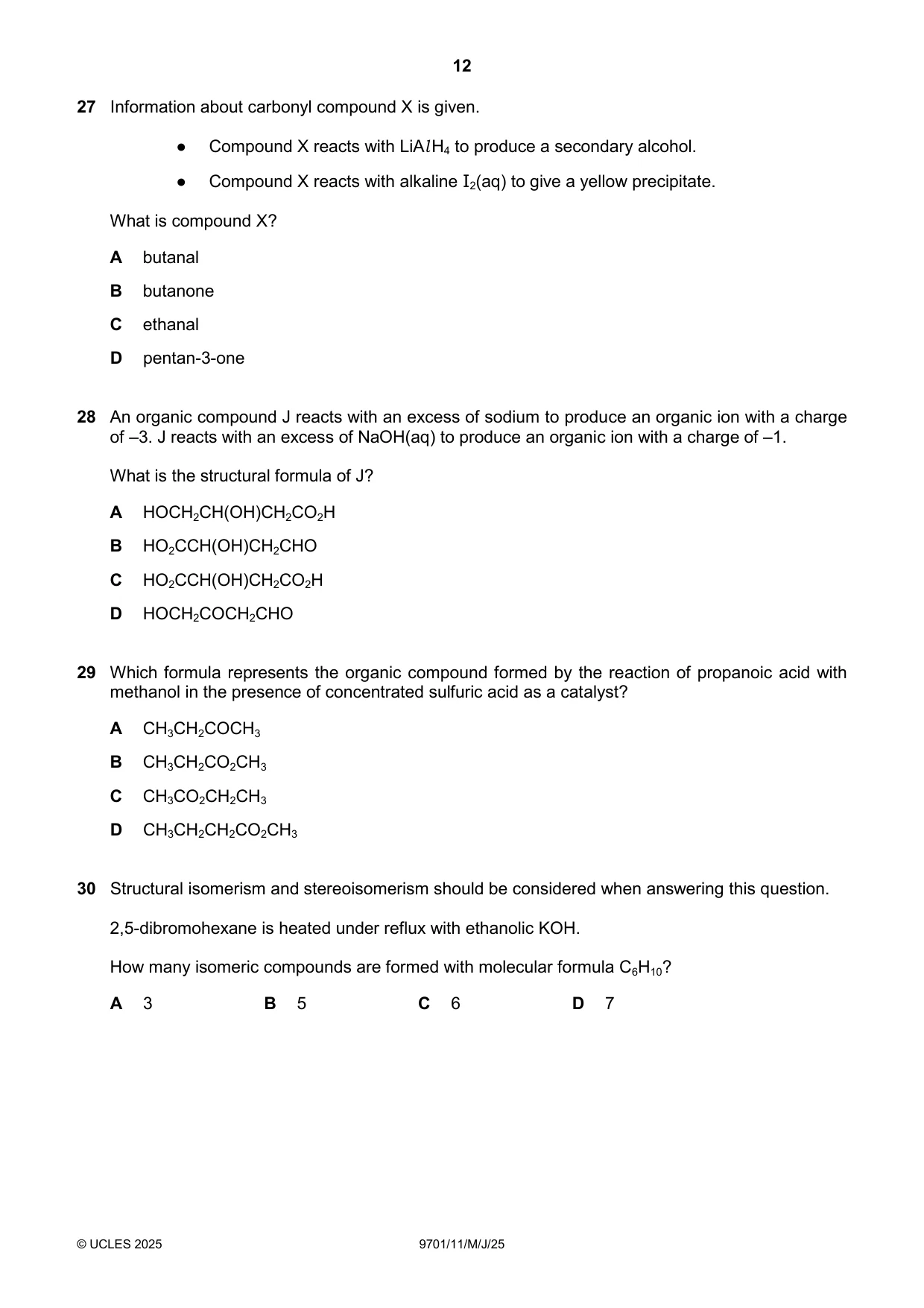 Cambridge A Level Chemistry 9701 2025 May/June Paper 1 · Variant 1 question paper, page 12 of 20