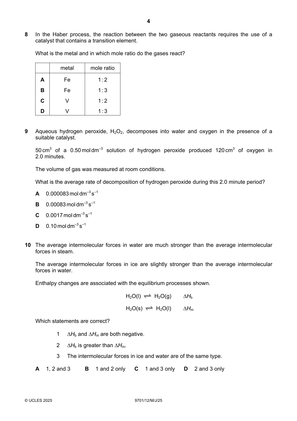 Cambridge A Level Chemistry 9701 2025 May/June Paper 1 · Variant 2 question paper, page 4 of 16