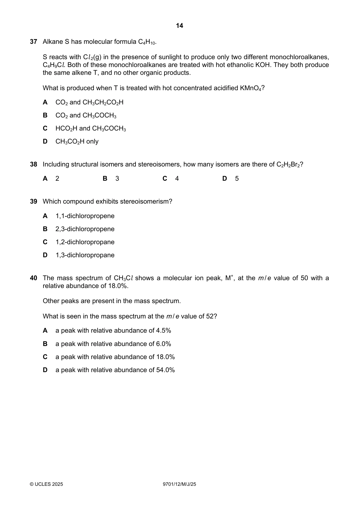 Cambridge A Level Chemistry 9701 2025 May/June Paper 1 · Variant 2 question paper, page 14 of 16