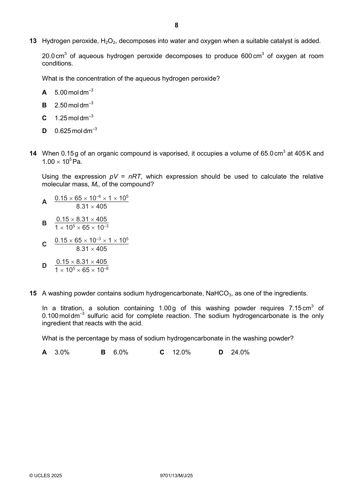 Cambridge A Level Chemistry 9701 2025 May/June Paper 1 · Variant 3 question paper, page 8 of 20