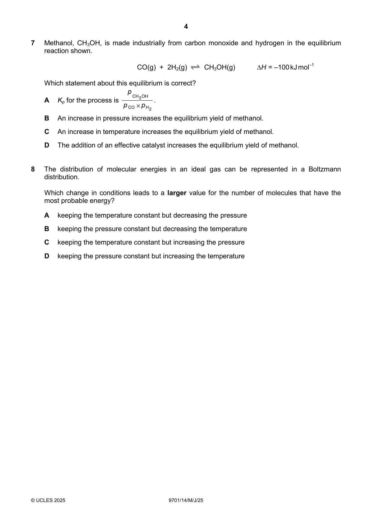 Cambridge A Level Chemistry 9701 2025 May/June Paper 1 · Variant 4 question paper, page 4 of 20