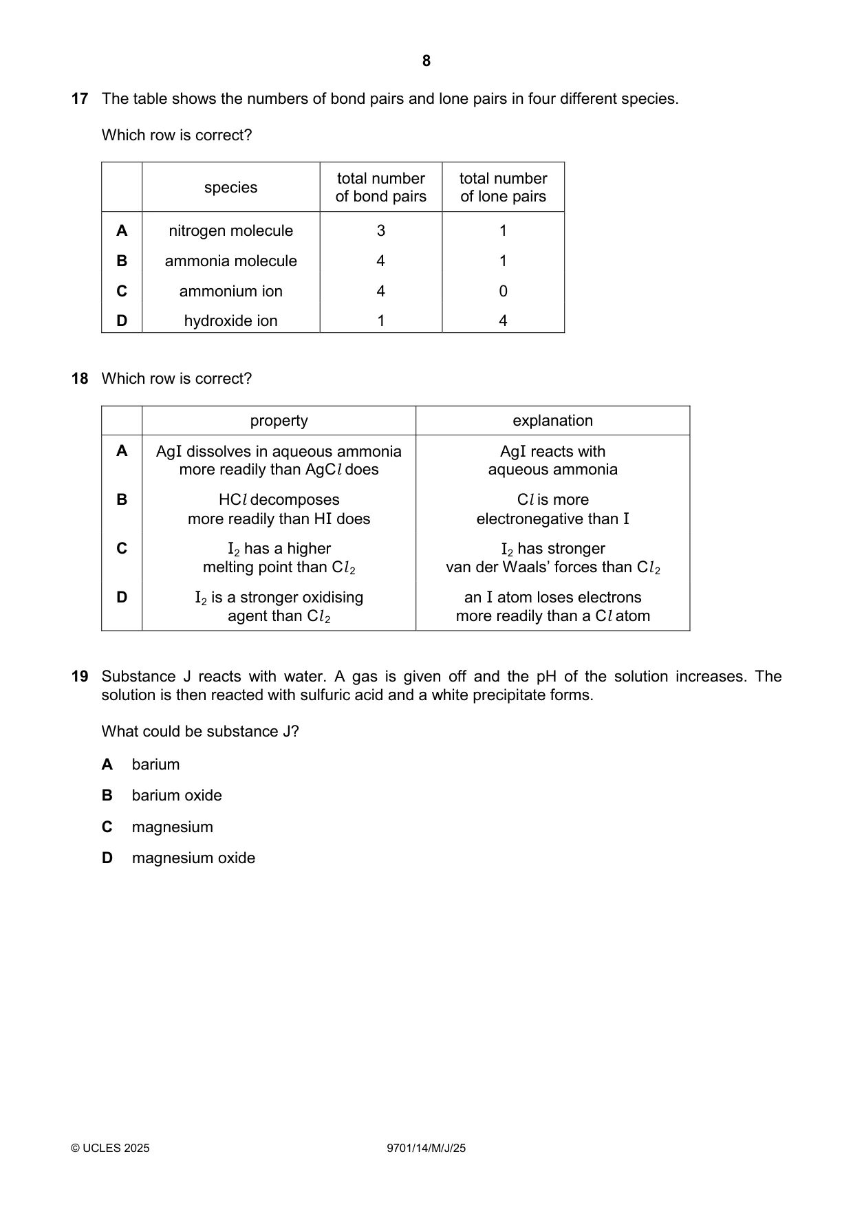 Cambridge A Level Chemistry 9701 2025 May/June Paper 1 · Variant 4 question paper, page 8 of 20