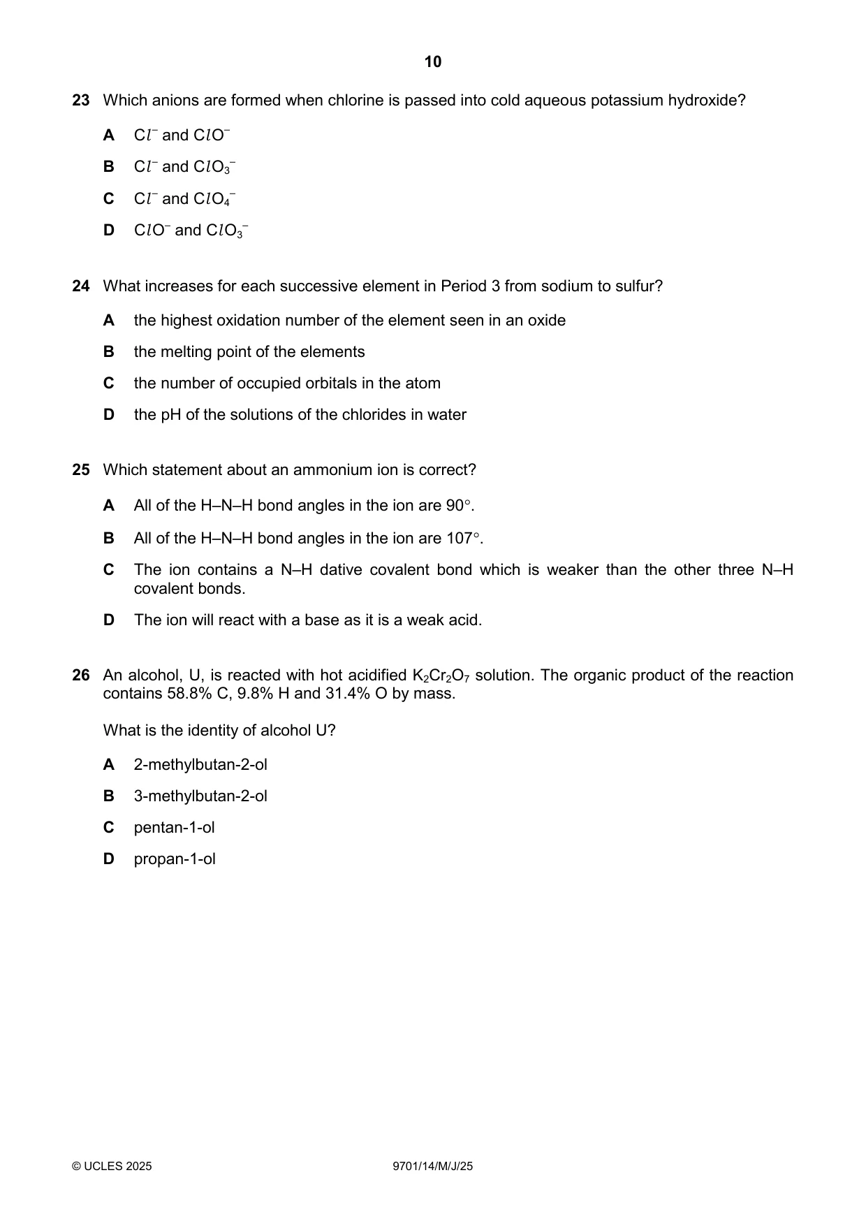 Cambridge A Level Chemistry 9701 2025 May/June Paper 1 · Variant 4 question paper, page 10 of 20