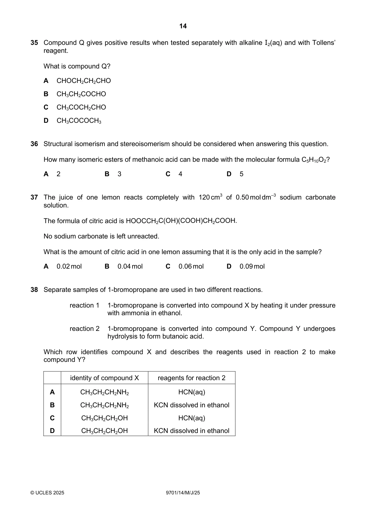 Cambridge A Level Chemistry 9701 2025 May/June Paper 1 · Variant 4 question paper, page 14 of 20