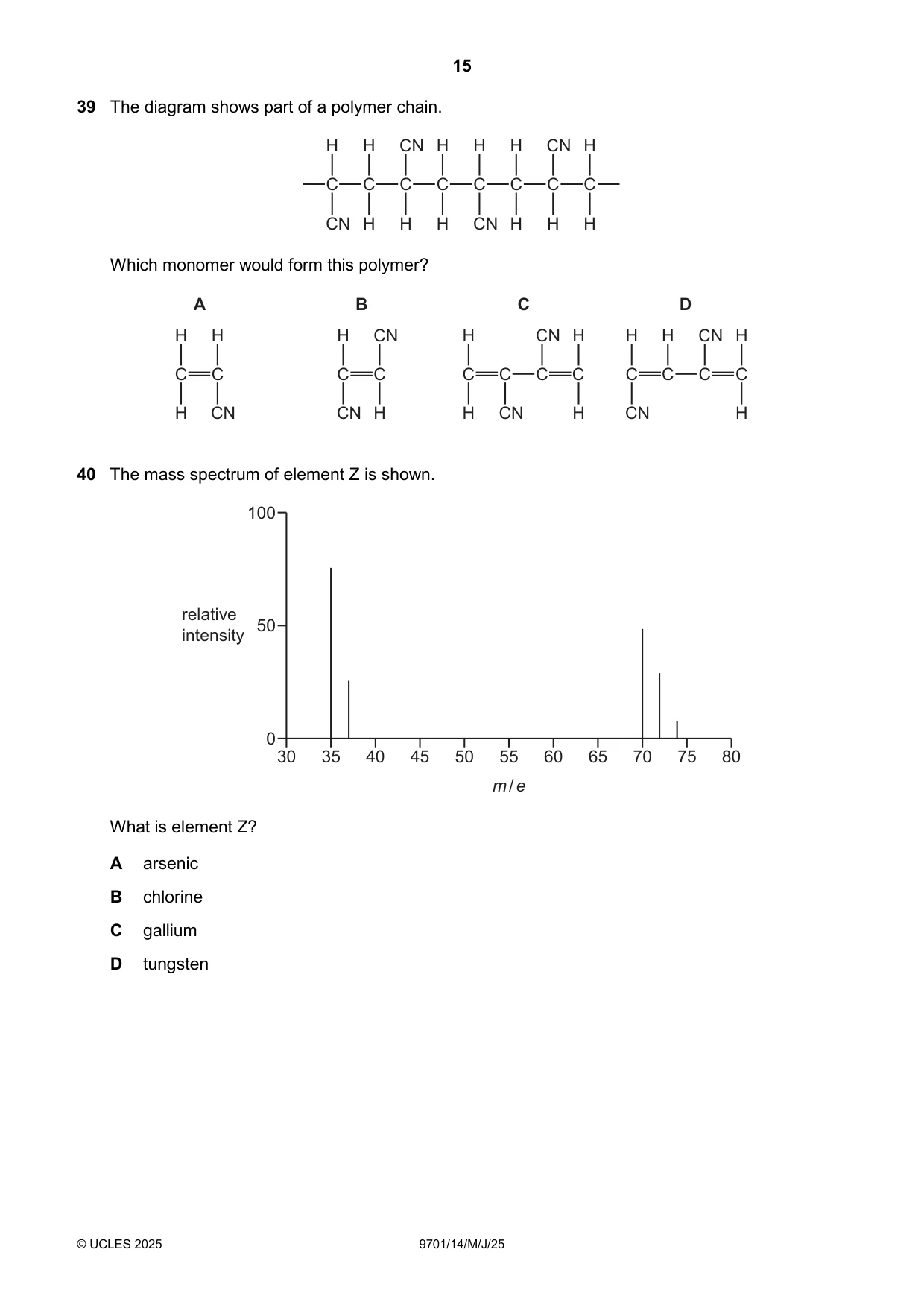 Cambridge A Level Chemistry 9701 2025 May/June Paper 1 · Variant 4 question paper, page 15 of 20