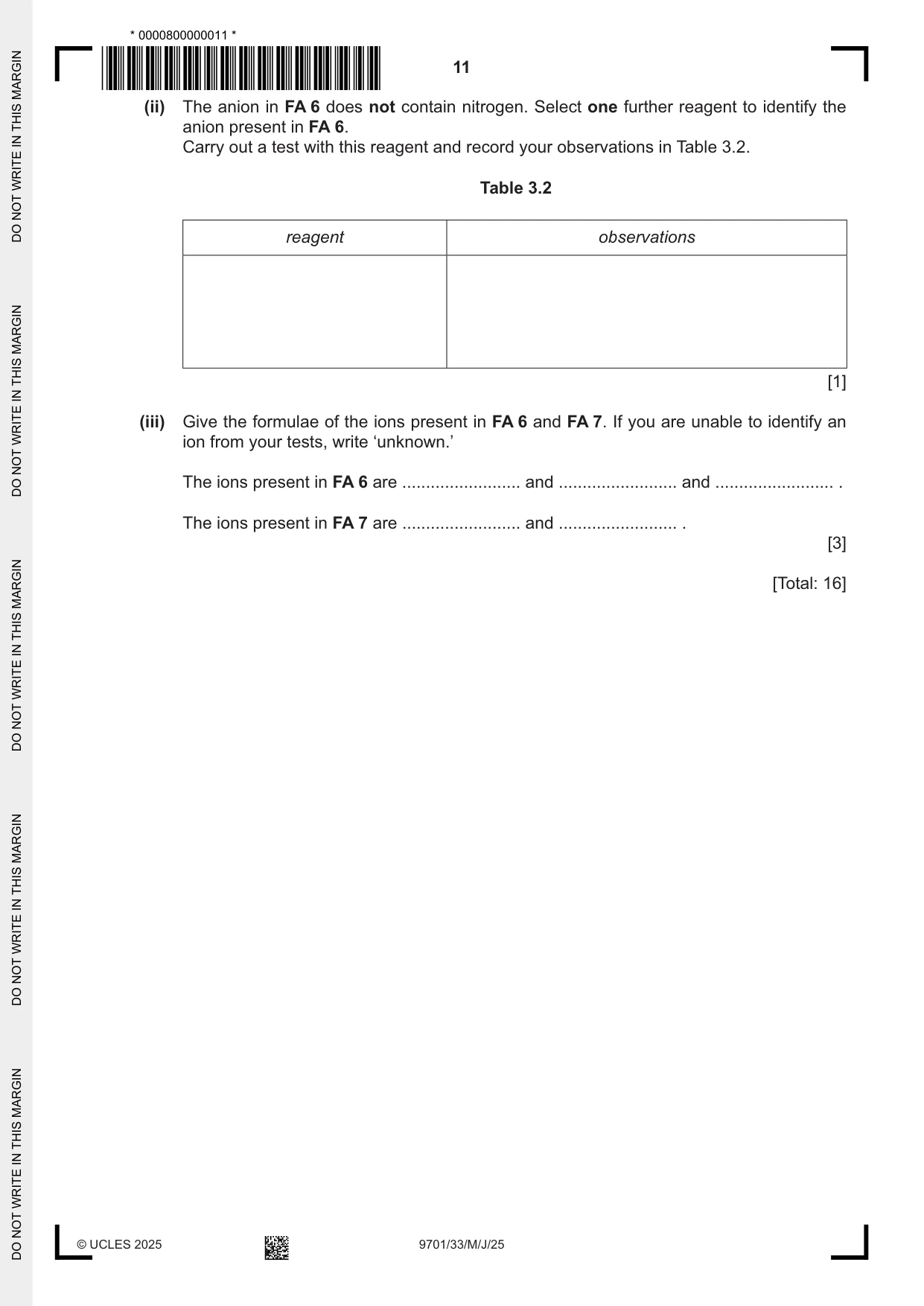 Cambridge A Level Chemistry 9701 2025 May/June Paper 3 · Variant 3 question paper, page 11 of 16