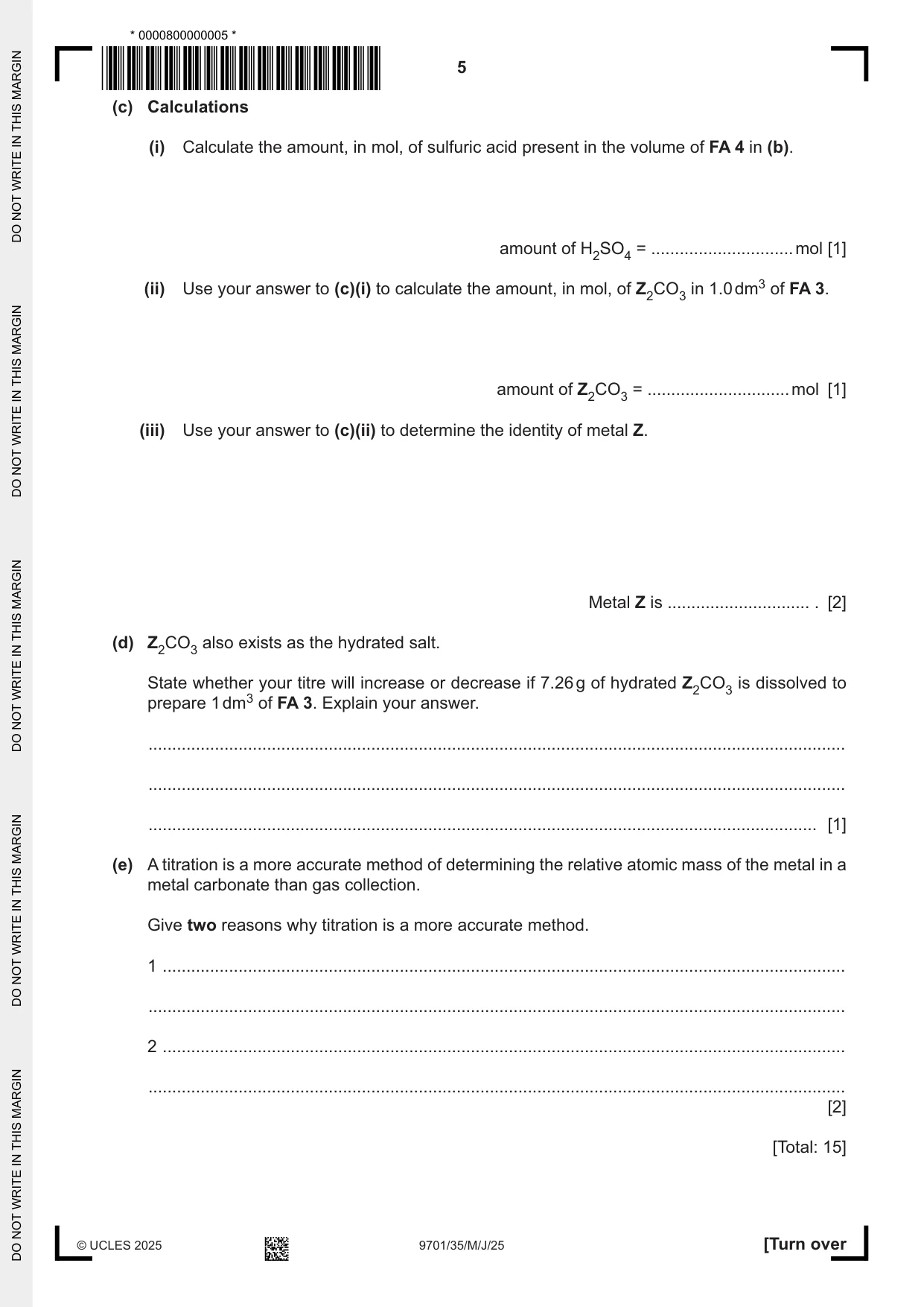 Cambridge A Level Chemistry 9701 2025 May/June Paper 3 · Variant 5 question paper, page 5 of 12