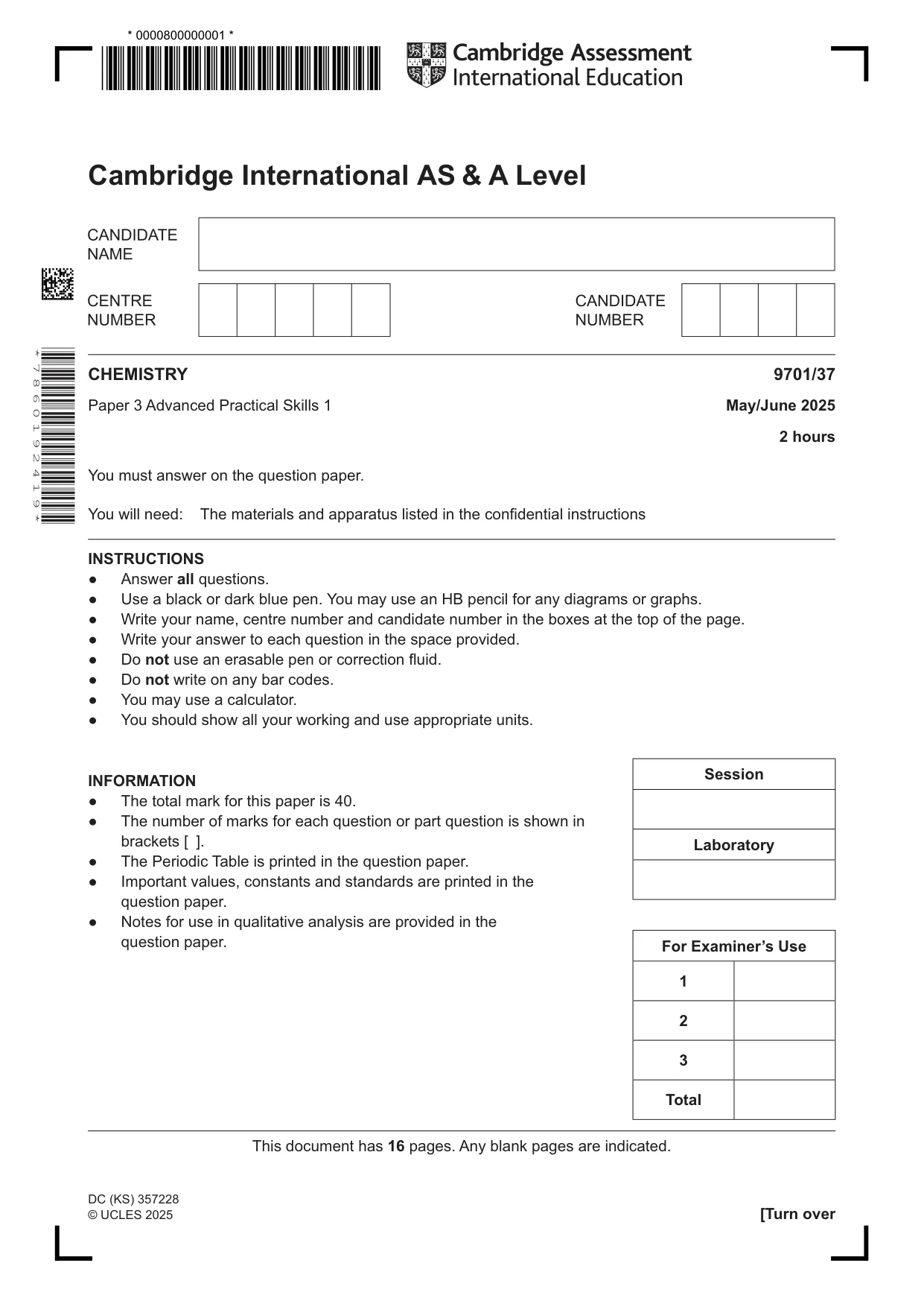 Cambridge A Level Chemistry 9701 2025 May/June Paper 3 · Variant 7 question paper, page 1 of 16