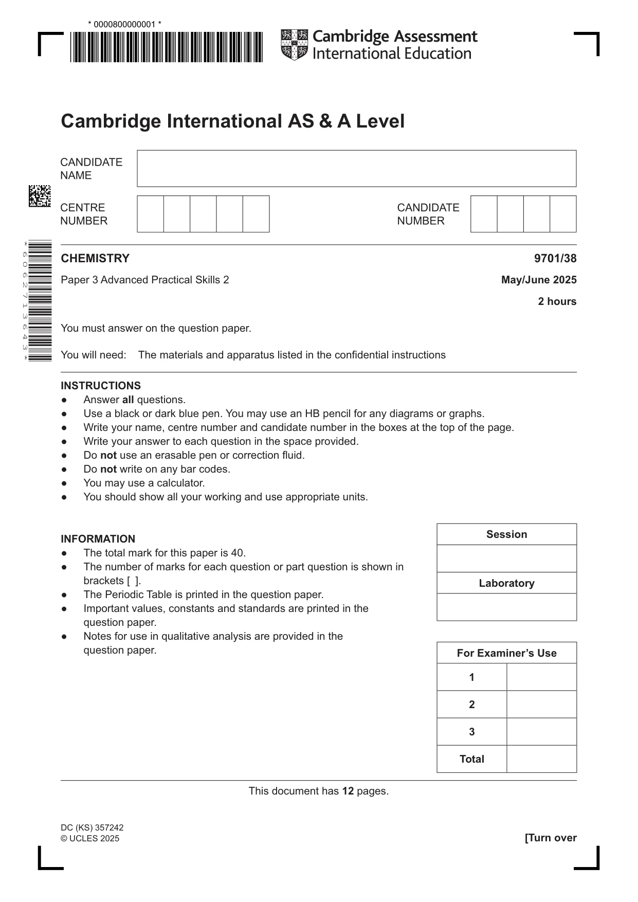 Cambridge A Level Chemistry 9701 2025 May/June Paper 3 · Variant 8 question paper, page 1 of 12
