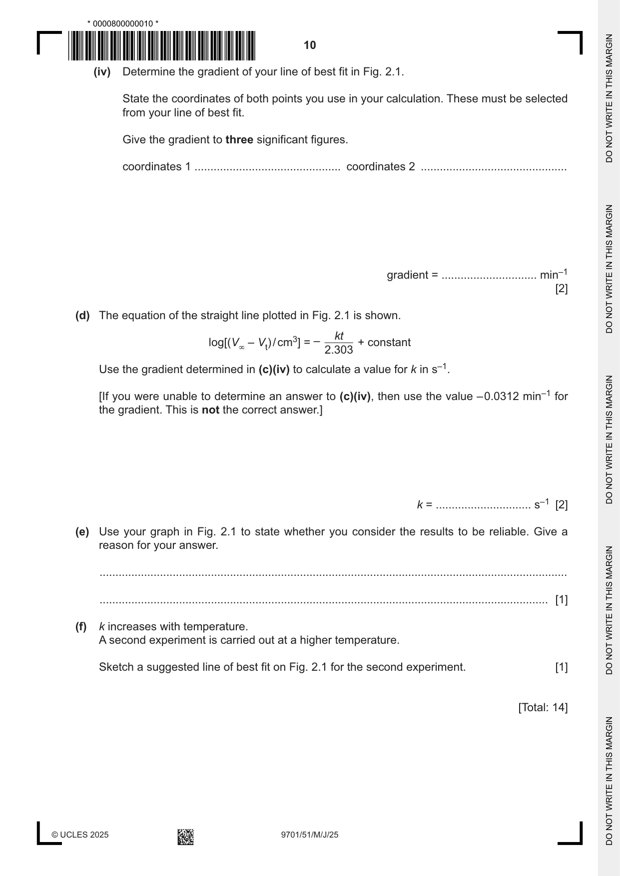 Cambridge A Level Chemistry 9701 2025 May/June Paper 5 · Variant 1 question paper, page 10 of 12