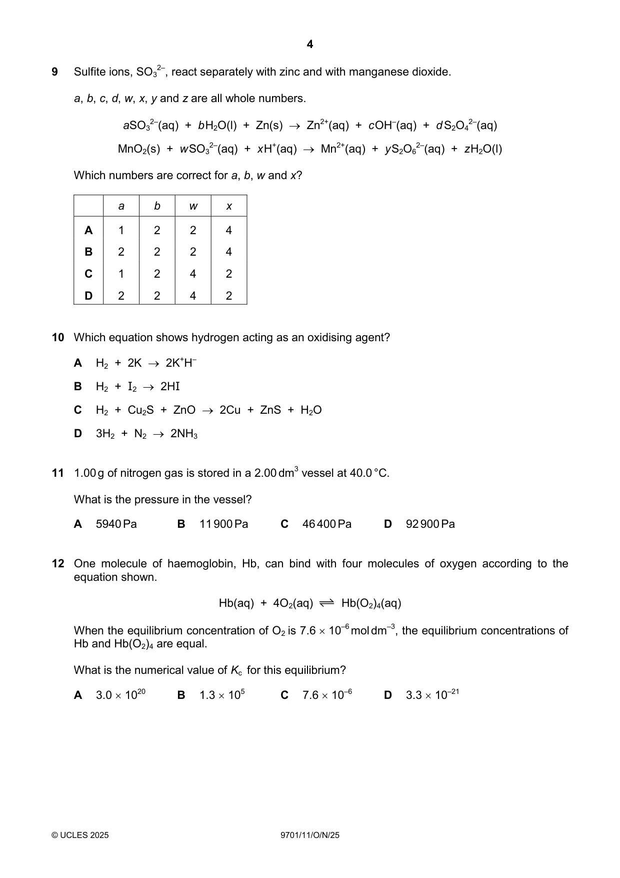 Cambridge A Level Chemistry 9701 2025 Oct/Nov Paper 1 · Variant 1 question paper, page 4 of 16