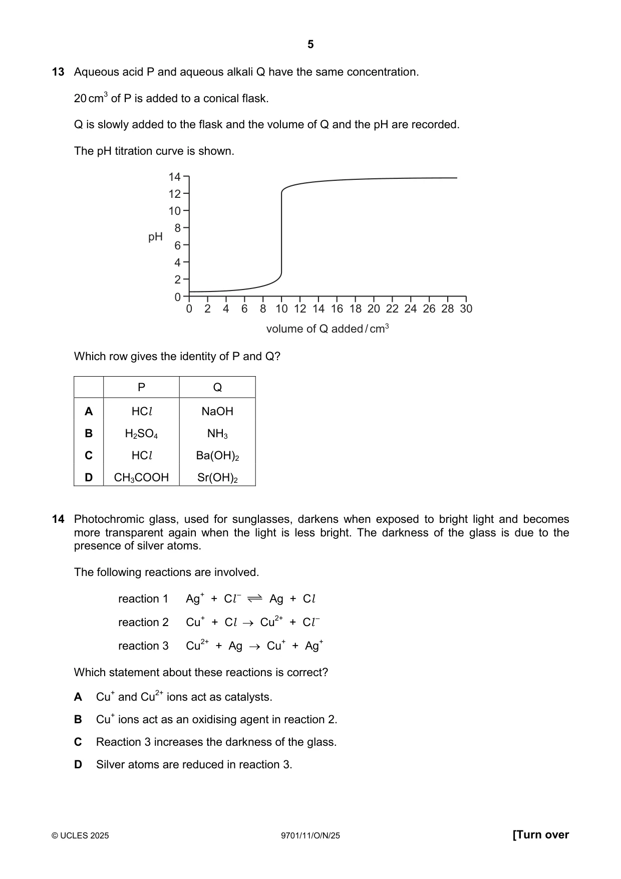 Cambridge A Level Chemistry 9701 2025 Oct/Nov Paper 1 · Variant 1 question paper, page 5 of 16