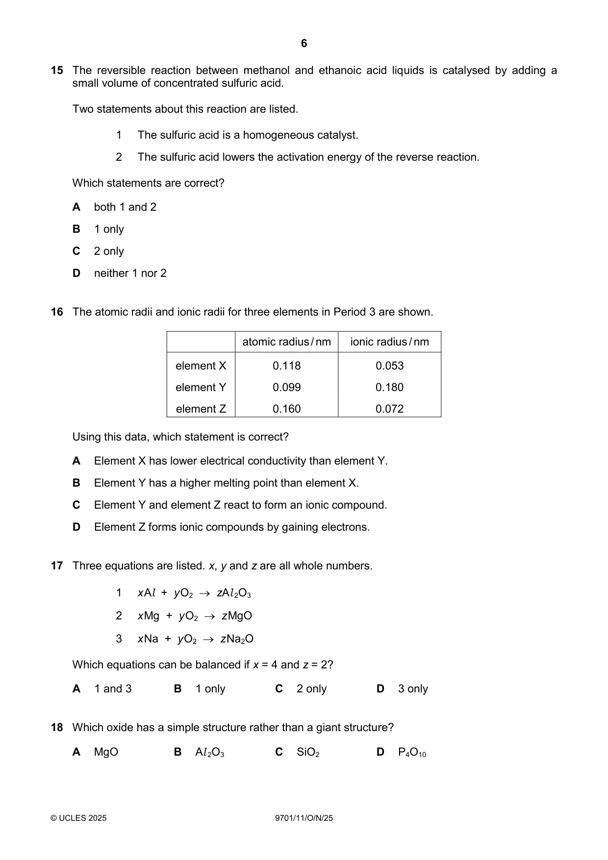 Cambridge A Level Chemistry 9701 2025 Oct/Nov Paper 1 · Variant 1 question paper, page 6 of 16