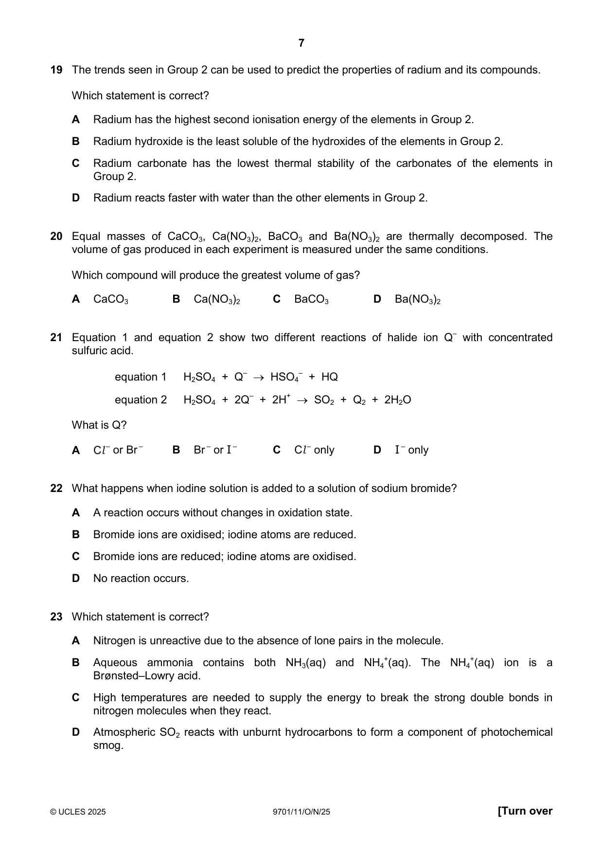 Cambridge A Level Chemistry 9701 2025 Oct/Nov Paper 1 · Variant 1 question paper, page 7 of 16