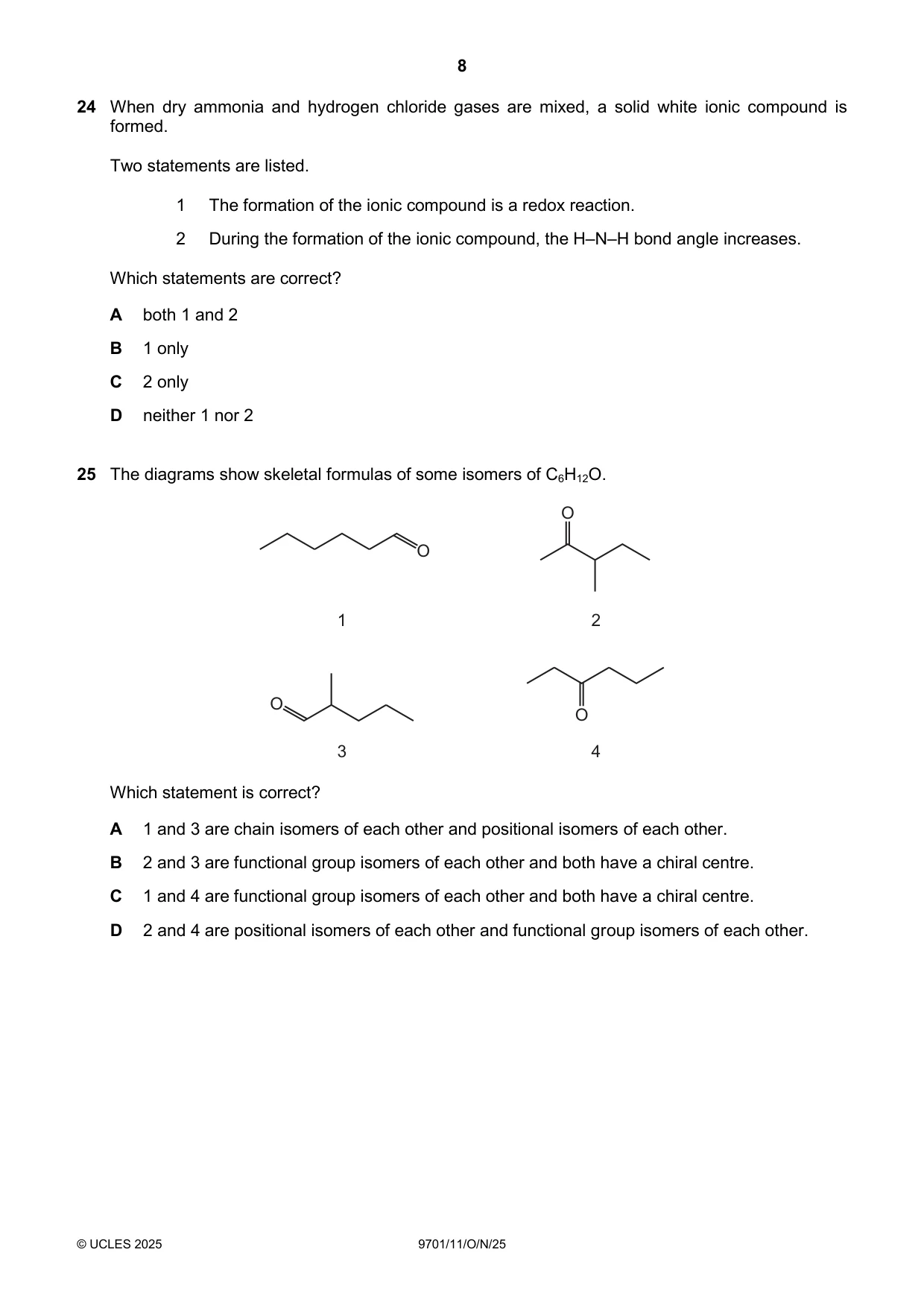 Cambridge A Level Chemistry 9701 2025 Oct/Nov Paper 1 · Variant 1 question paper, page 8 of 16