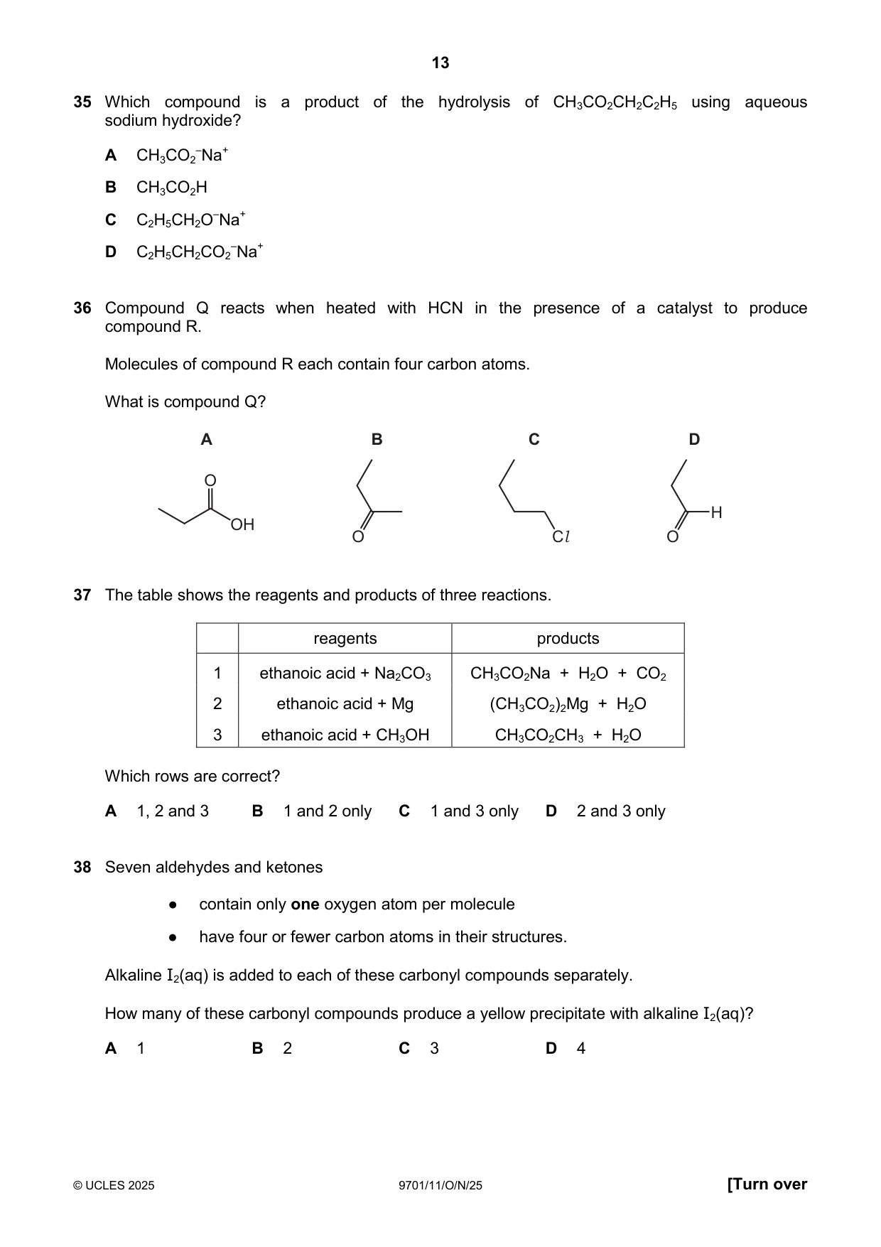 Cambridge A Level Chemistry 9701 2025 Oct/Nov Paper 1 · Variant 1 question paper, page 13 of 16