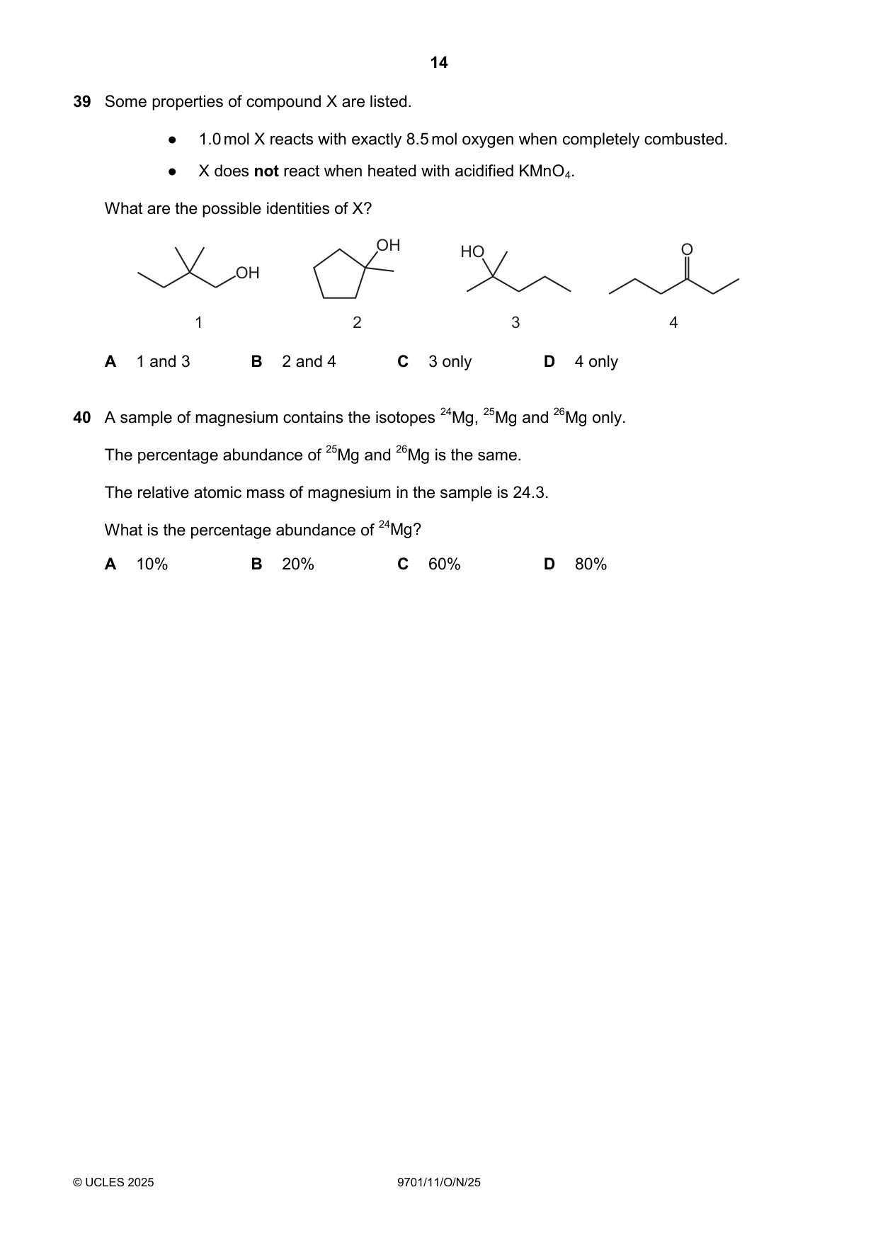 Cambridge A Level Chemistry 9701 2025 Oct/Nov Paper 1 · Variant 1 question paper, page 14 of 16
