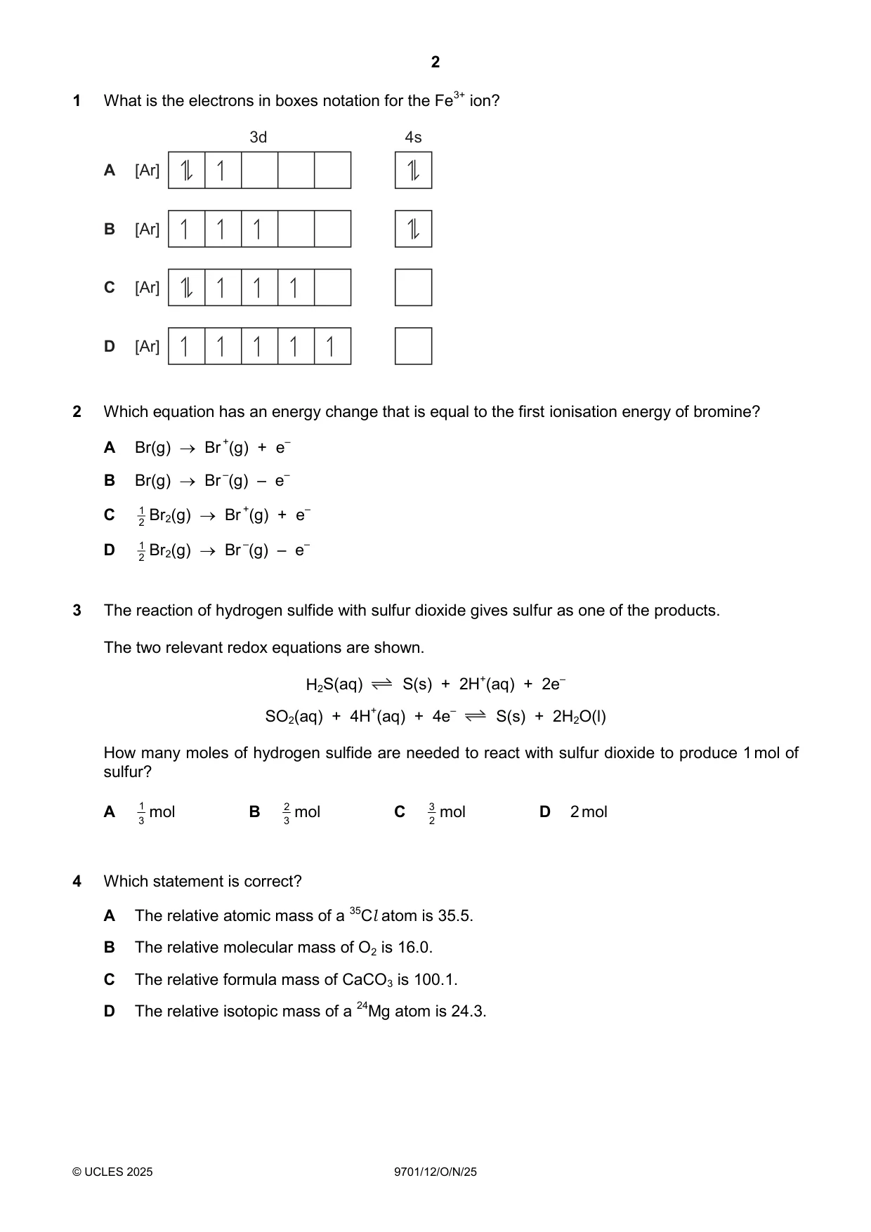 Cambridge A Level Chemistry 9701 2025 Oct/Nov Paper 1 · Variant 2 question paper, page 2 of 20