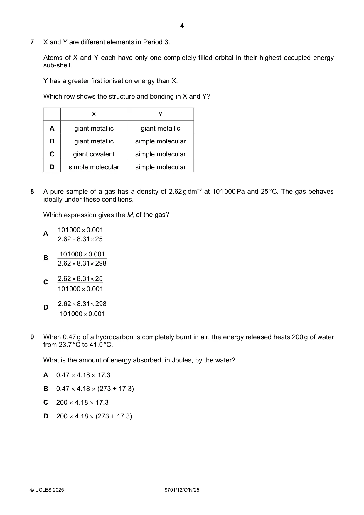 Cambridge A Level Chemistry 9701 2025 Oct/Nov Paper 1 · Variant 2 question paper, page 4 of 20