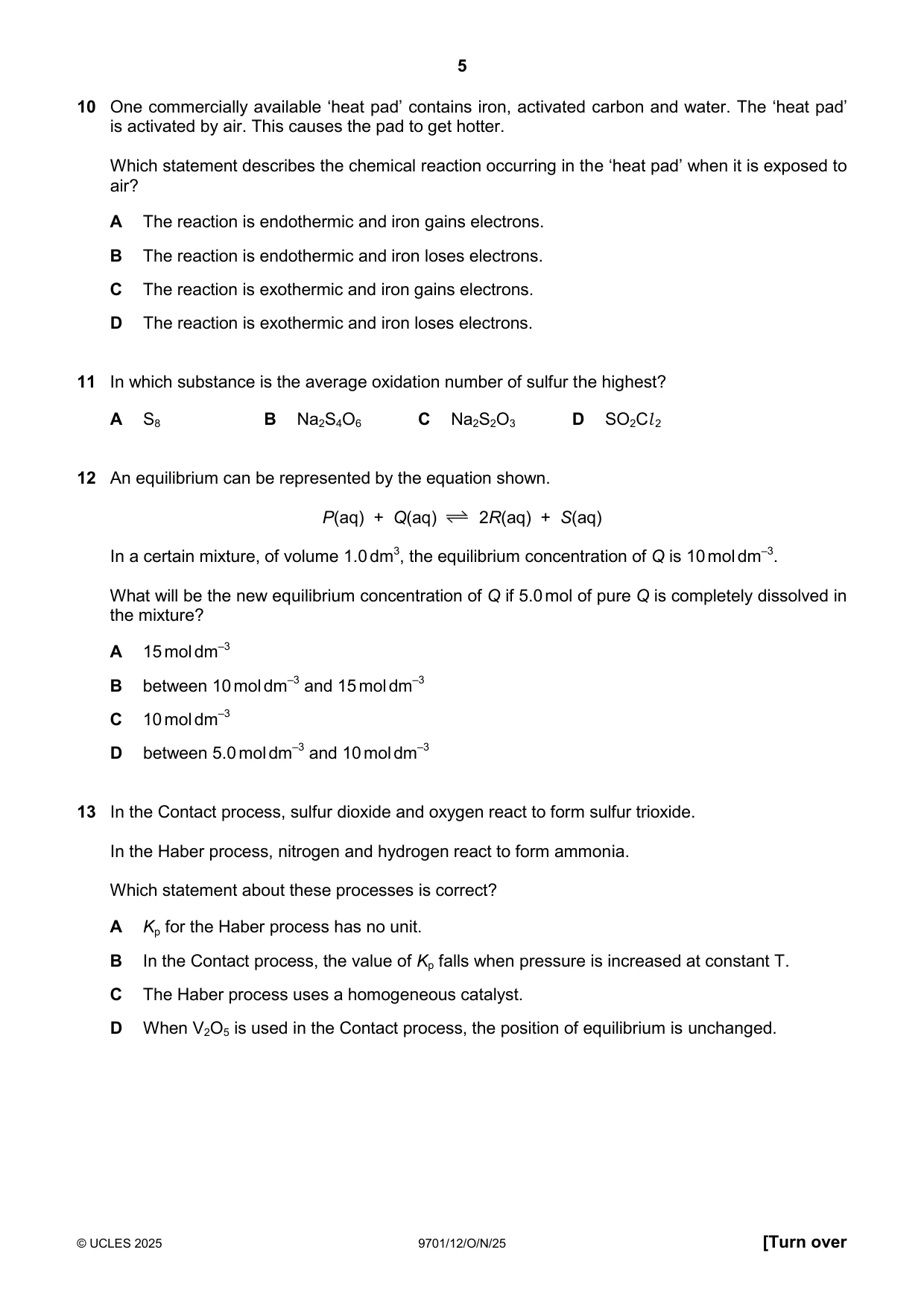 Cambridge A Level Chemistry 9701 2025 Oct/Nov Paper 1 · Variant 2 question paper, page 5 of 20