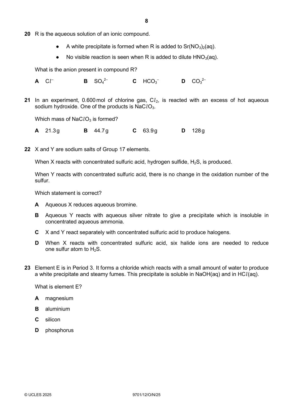 Cambridge A Level Chemistry 9701 2025 Oct/Nov Paper 1 · Variant 2 question paper, page 8 of 20
