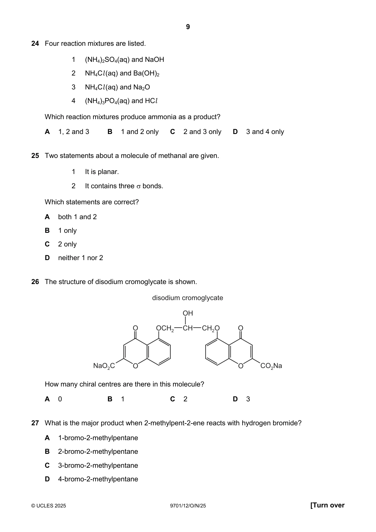 Cambridge A Level Chemistry 9701 2025 Oct/Nov Paper 1 · Variant 2 question paper, page 9 of 20