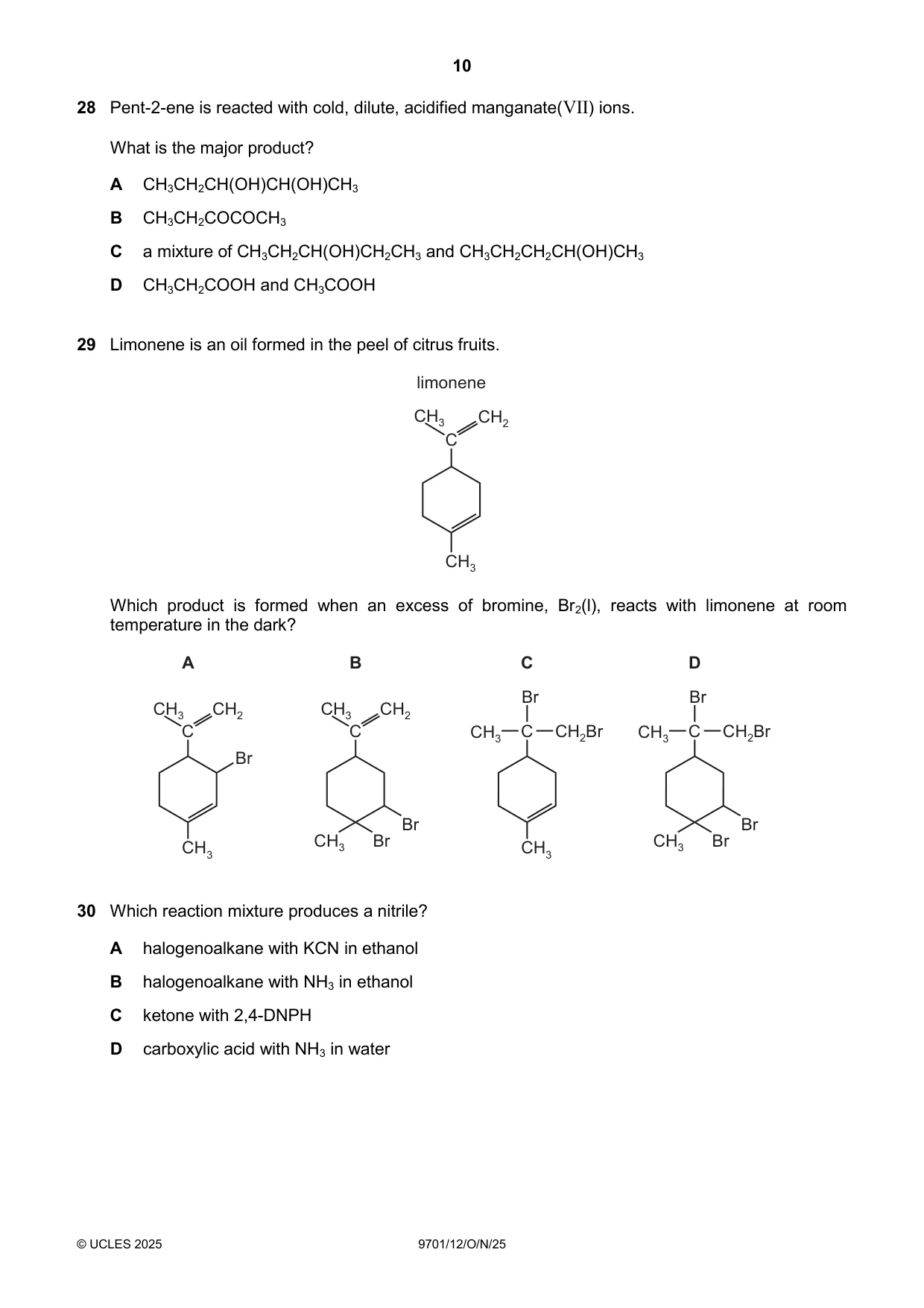 Cambridge A Level Chemistry 9701 2025 Oct/Nov Paper 1 · Variant 2 question paper, page 10 of 20