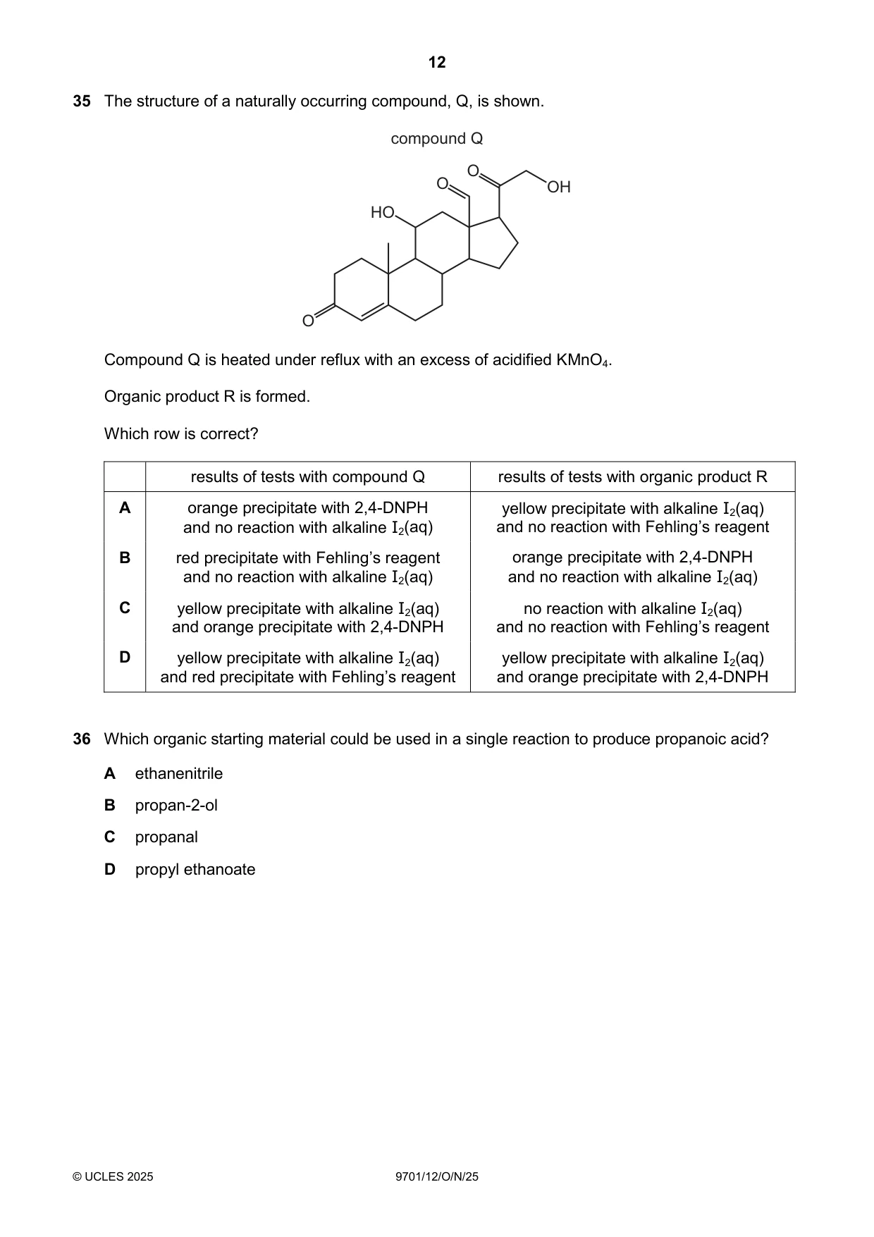Cambridge A Level Chemistry 9701 2025 Oct/Nov Paper 1 · Variant 2 question paper, page 12 of 20