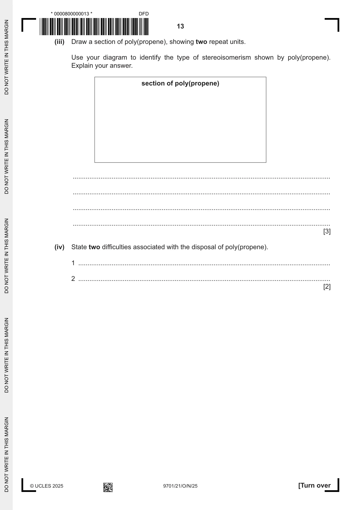 Cambridge A Level Chemistry 9701 2025 Oct/Nov Paper 2 · Variant 1 question paper, page 13 of 16