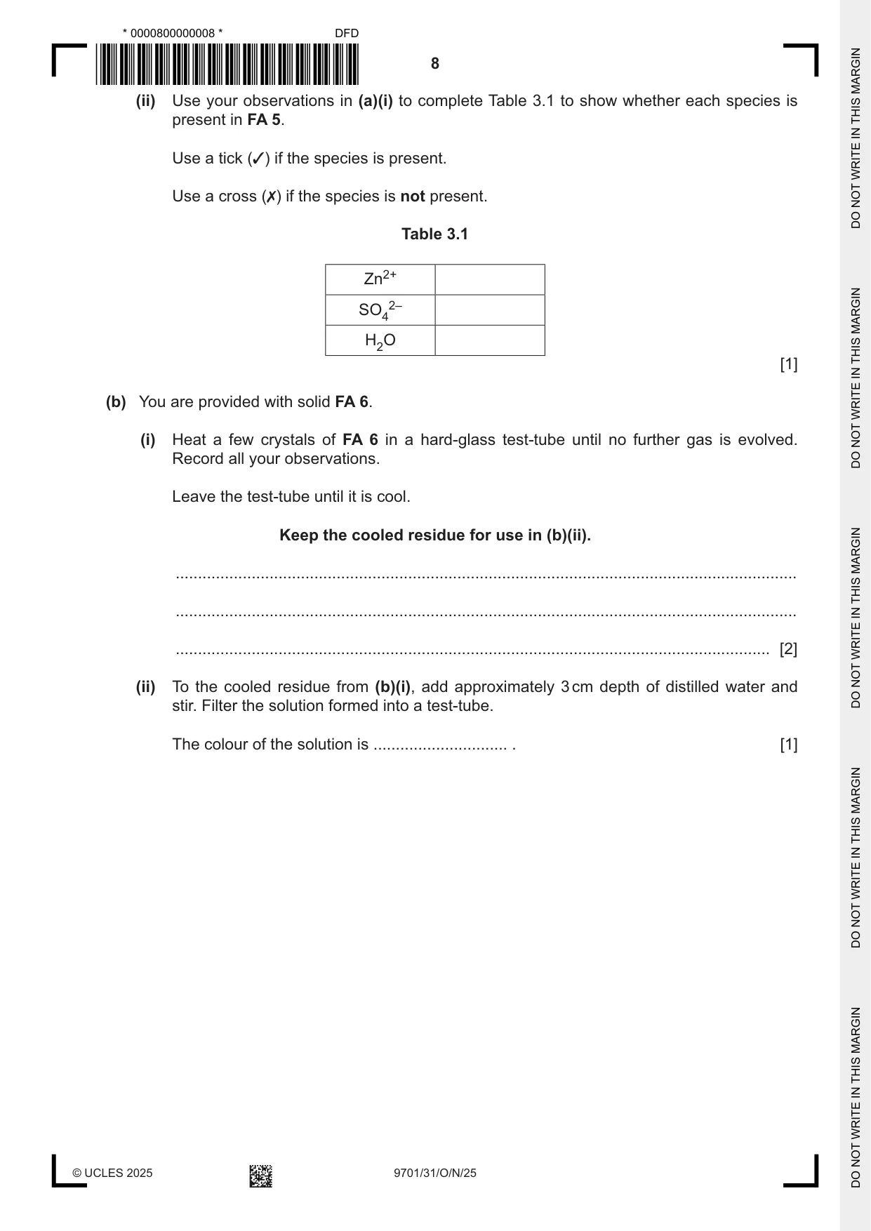 Cambridge A Level Chemistry 9701 2025 Oct/Nov Paper 3 · Variant 1 question paper, page 8 of 12