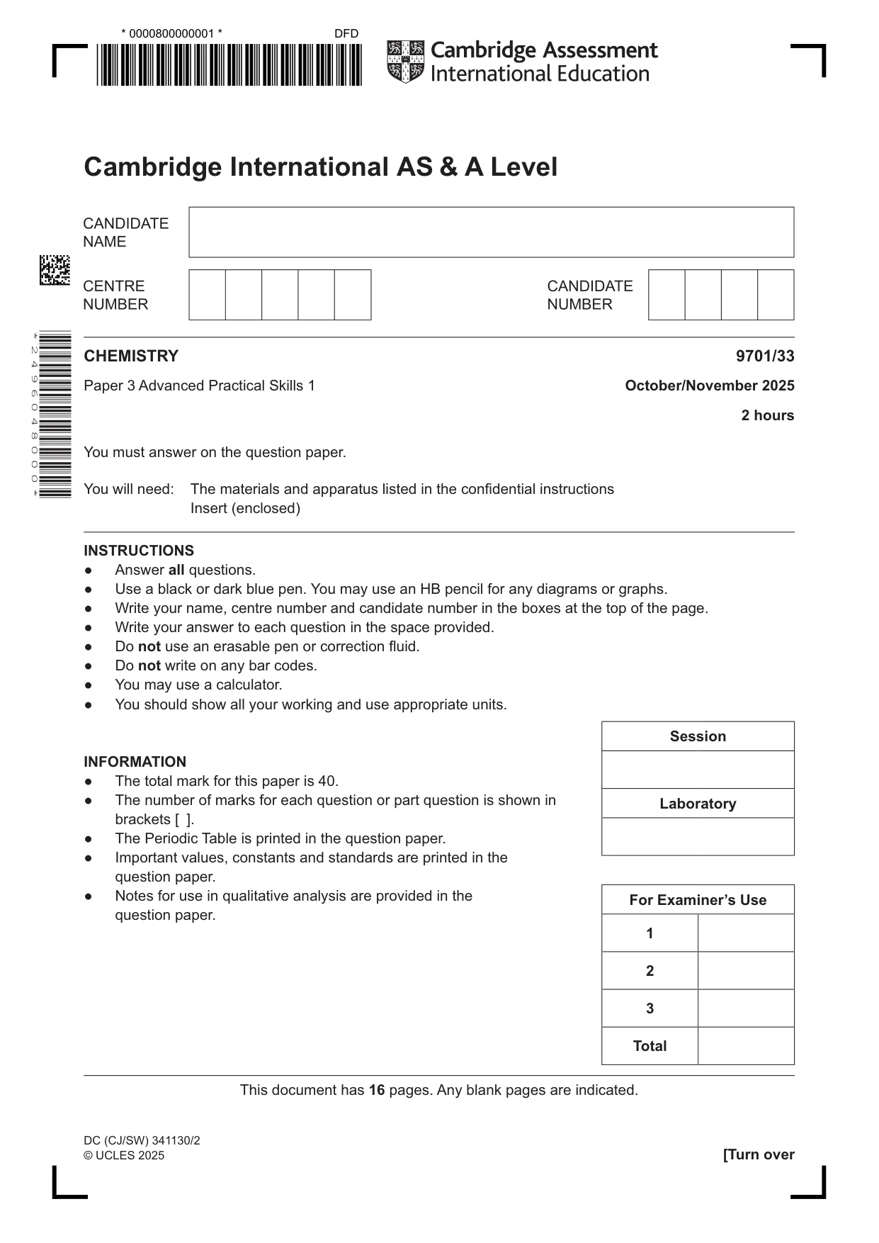 Cambridge A Level Chemistry 9701 2025 Oct/Nov Paper 3 · Variant 3 question paper, page 1 of 16