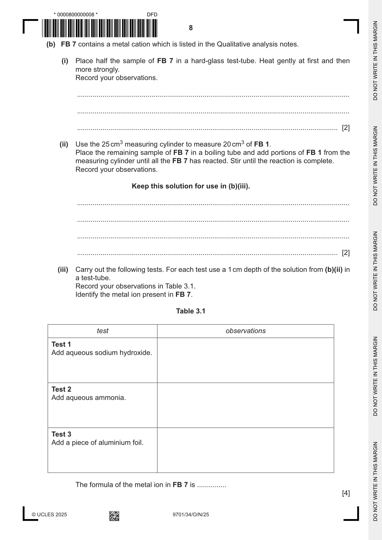 Cambridge A Level Chemistry 9701 2025 Oct/Nov Paper 3 · Variant 4 question paper, page 8 of 12