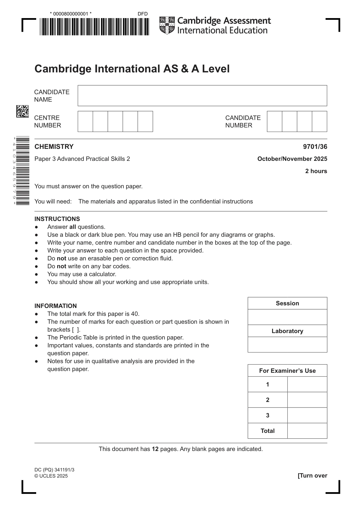 Cambridge A Level Chemistry 9701 2025 Oct/Nov Paper 3 · Variant 6 question paper, page 1 of 12